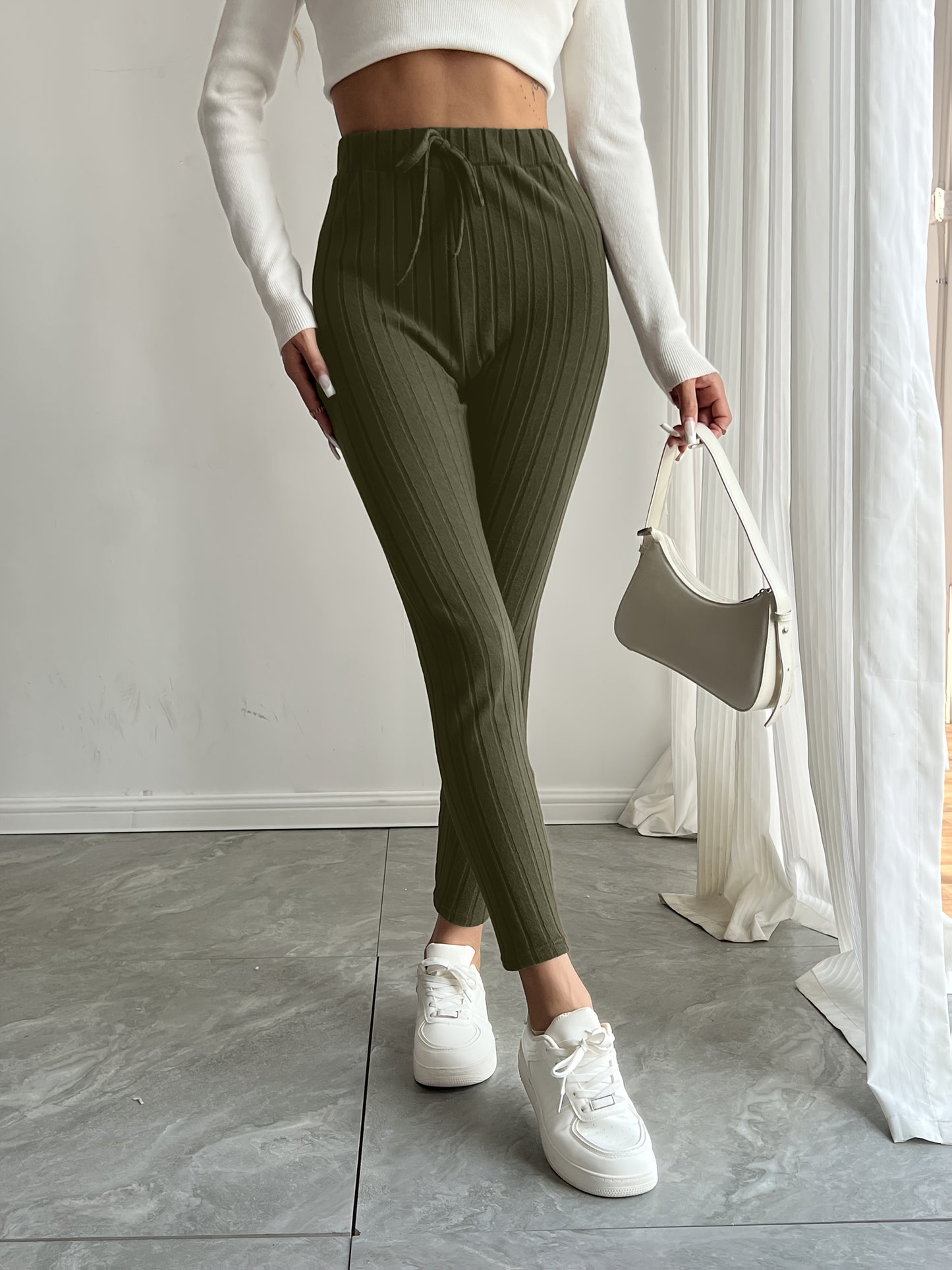 High-Waisted Drawstring Skinny Knitted Pants For Everyday Wear - Solid Color Women's Casual Clothing