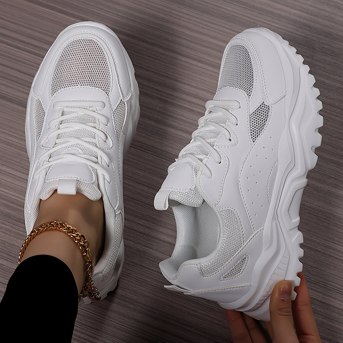 Women's Lightweight Chunky Sneakers - Versatile Korean Style Dad Shoes with Thick Sole, Breathable Mesh Upper, Casual Lace-Up Athletic Footwear in White, Green/White, and Black/Pink