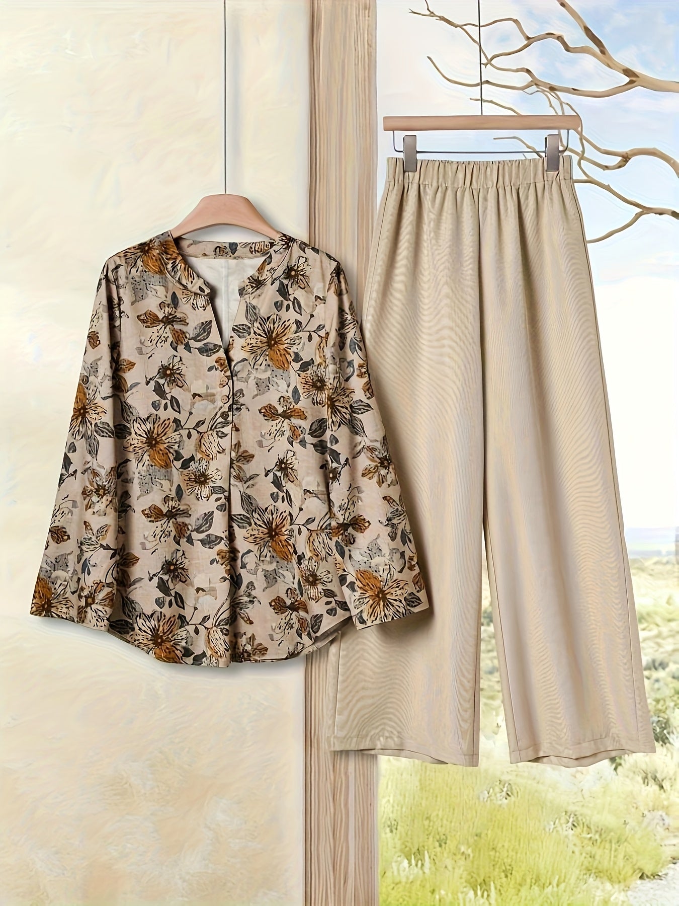 Elegant Floral Print Blouse & High-Waisted Pants Set - Chic Green & White Floral Top with Ruffled Sleeves, Button-Front Design, and Wide-Leg Pants for Spring/Summer, Spring Summer Outfit | Floral Print Blouse | Buttonfront Bl