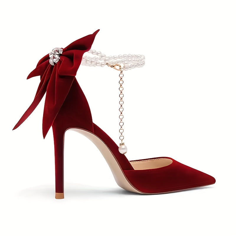 Women's Elegant Summer Evening Dress Shoes with Red Thin Heels, Bow Detail and Comfortable Fit with Insole Pair