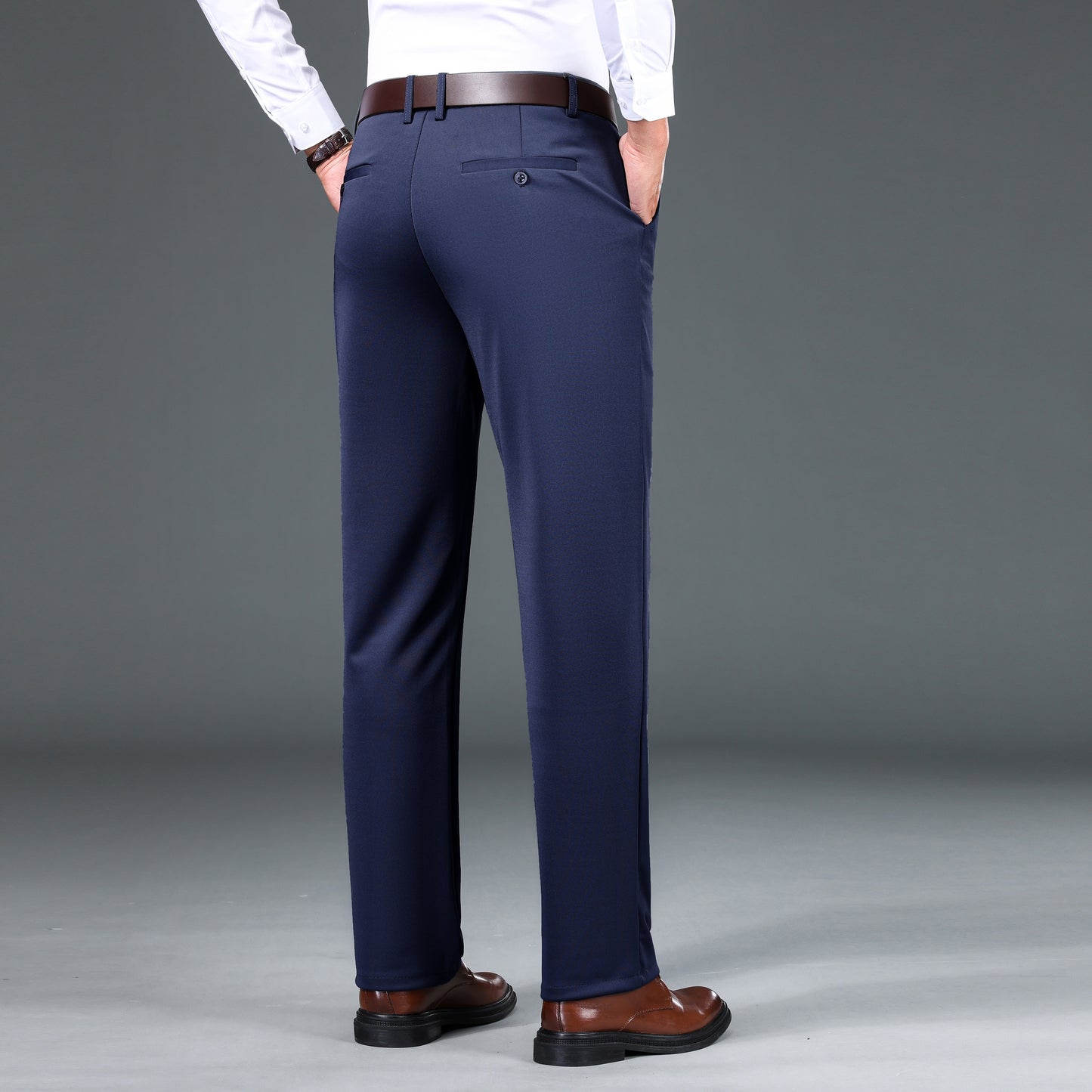 1pc Men'S Warmth Business Casual Pants, Fall/Winter Fleece-Lined Thickened Straight-Leg Trousers with Slant Pockets, Solid Color Knit Fabric Regular Fit Dress Pants with Zipper Closure, Medium Stretch Polyester