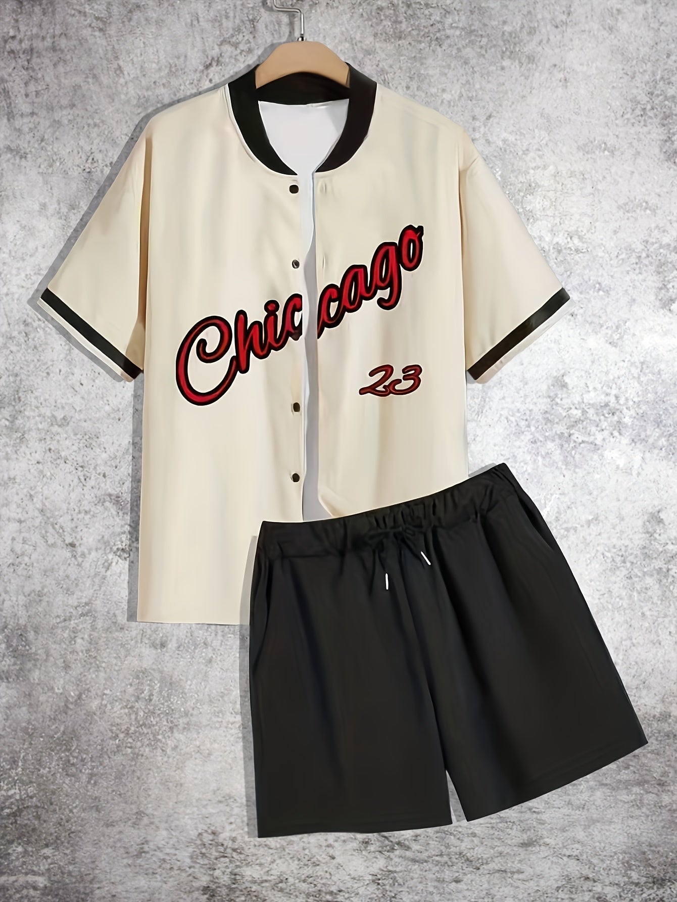 Men's Chicago Letter Print Casual Short Sleeve Baseball Shirt with Printed Webbing + Drawstring Shorts Two-Piece Set