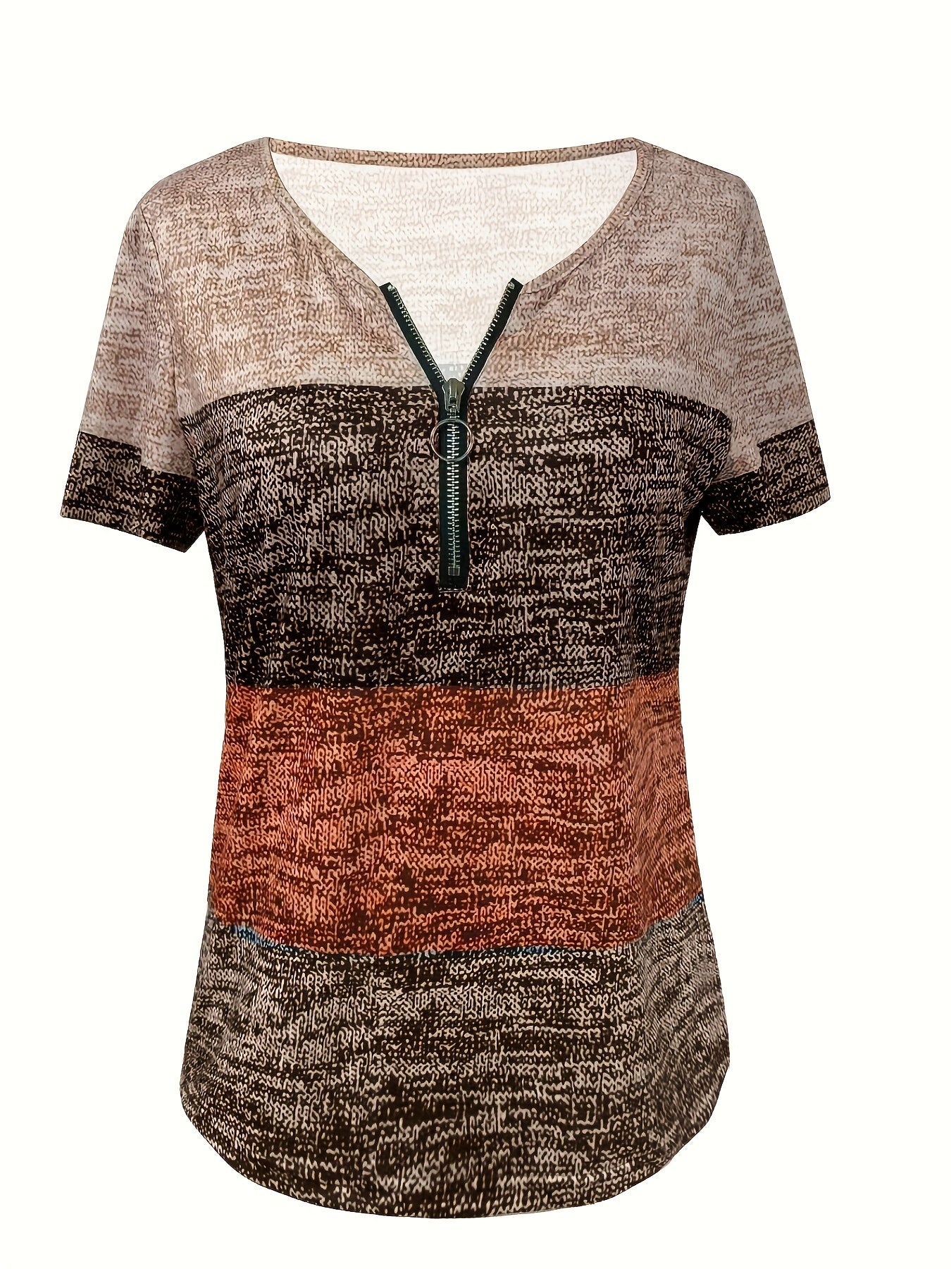 Chic Women's Coffee-Inspired Color Block Zip-Up V-Neck Tee - Elegant Short Sleeve with Geometric Pattern, Stretchy Polyester Blend, Machine Washable - Perfect for All Seasons