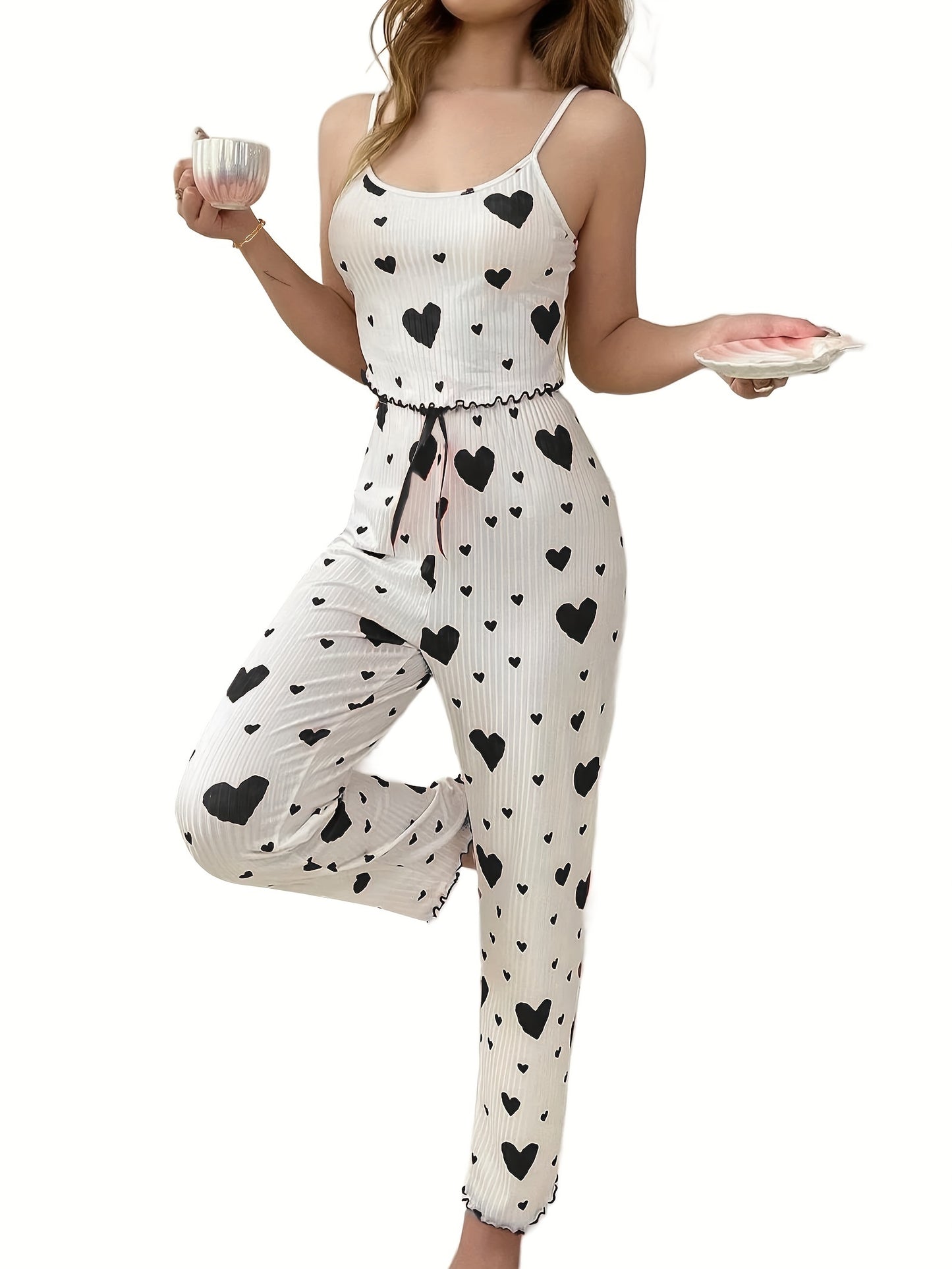 2024 Autumn Women'S Sexy Heart Print Spaghetti Strap Pajama Set - Sleeveless Striped Lounge Wear with Ribbed Detail, Perfect for Fall and Spring, Casual Attire|Heart Print Top|Strapless Desig