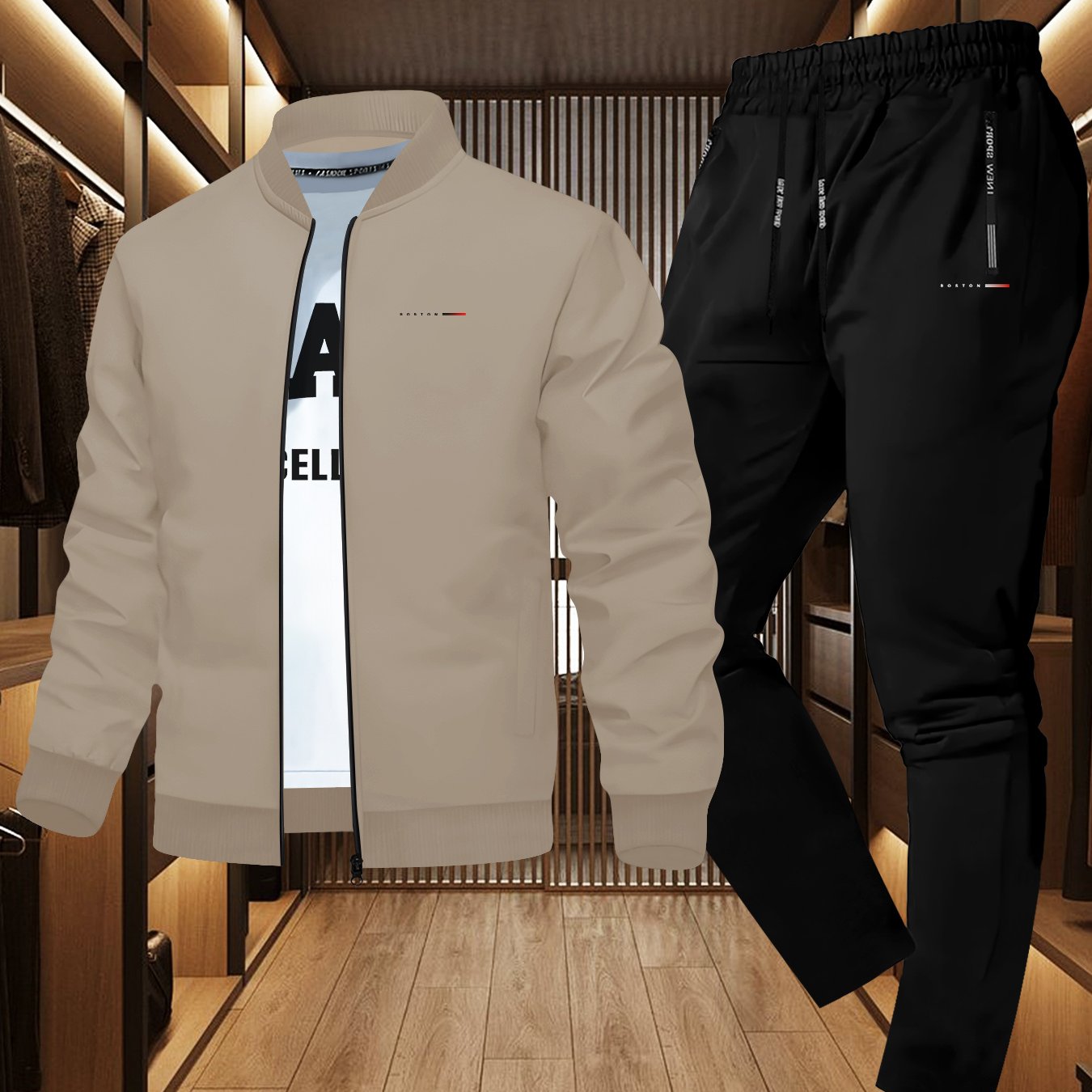 Men'S Trendy Boston Print Jacket and Sweatpants Set - Casual Sporty Outfit with Zipper Detail, Long Sleeves, and Elastic Waistband, Perfect for Fall/Winter