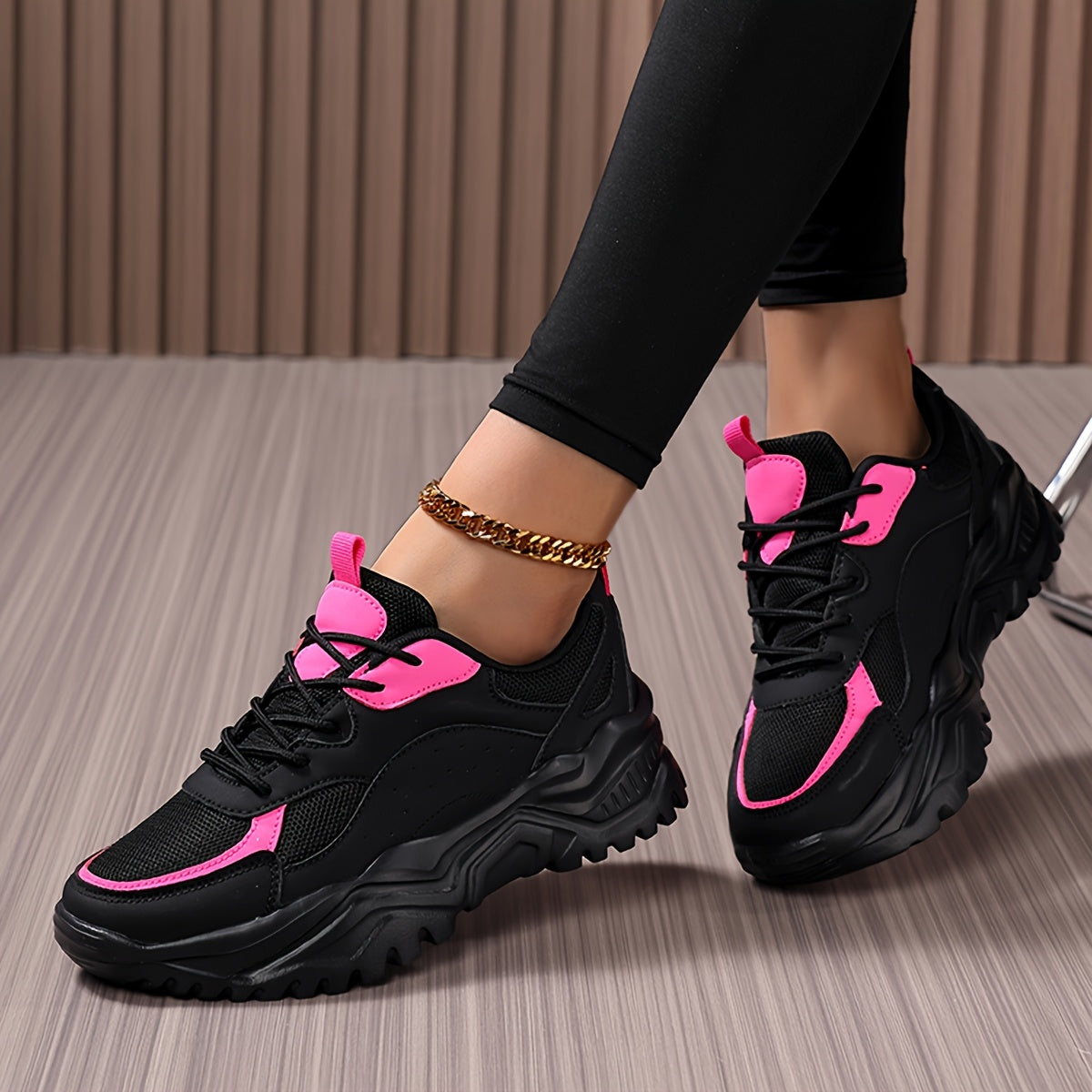 Women's Lightweight Chunky Sneakers - Versatile Korean Style Dad Shoes with Thick Sole, Breathable Mesh Upper, Casual Lace-Up Athletic Footwear in White, Green/White, and Black/Pink