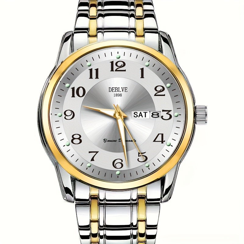 DEBLVE Men'S Fashionable Stainless Steel Watch with Luminous Numbers, Calendar & Week Display - Quartz Movement, Business Style, Ideal for Travel & Daily Use