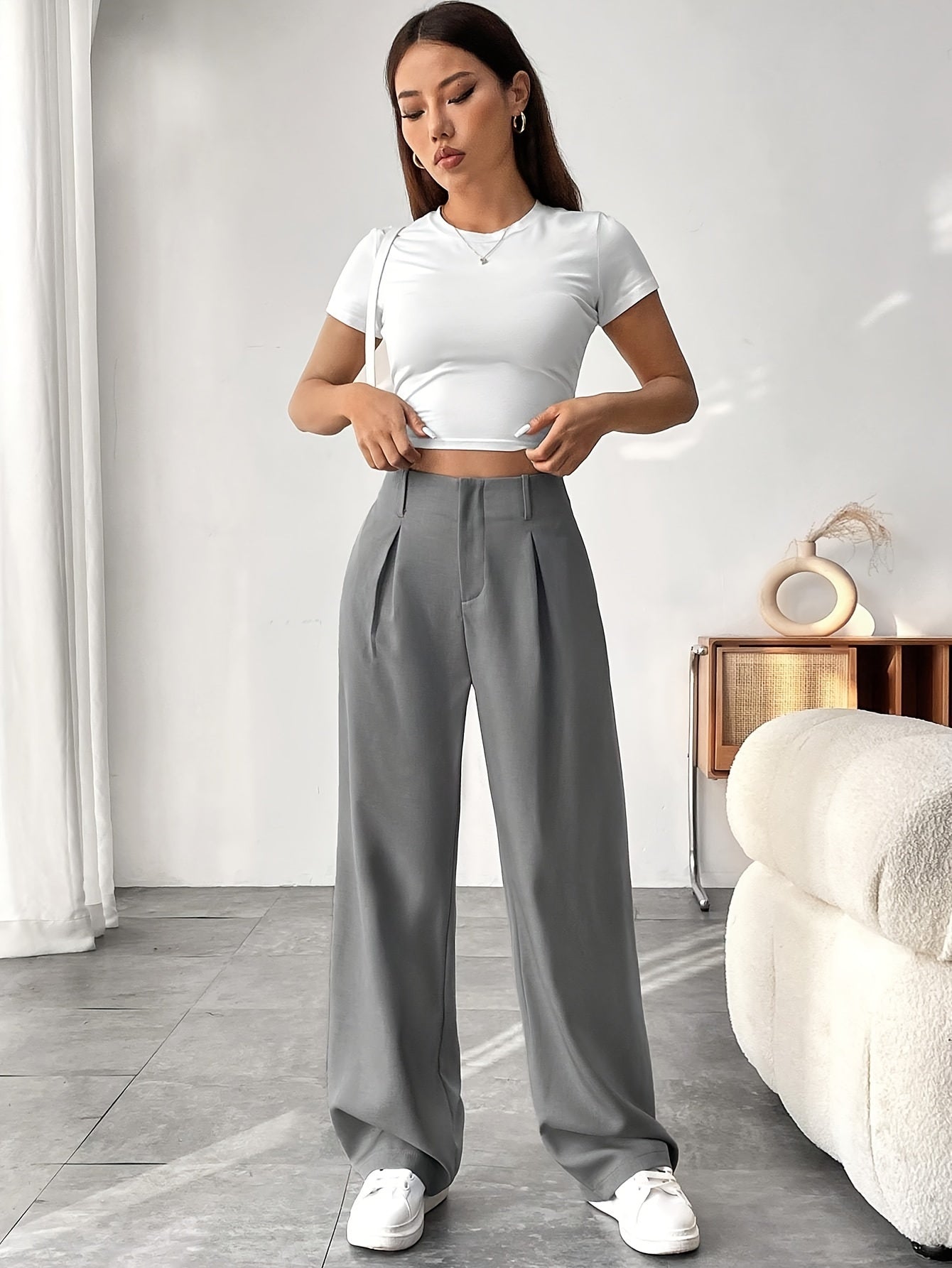 Women's Casual Wide-Leg Pants with High Waist and Slight Flare - Solid Color, Polyester, Machine Washable
