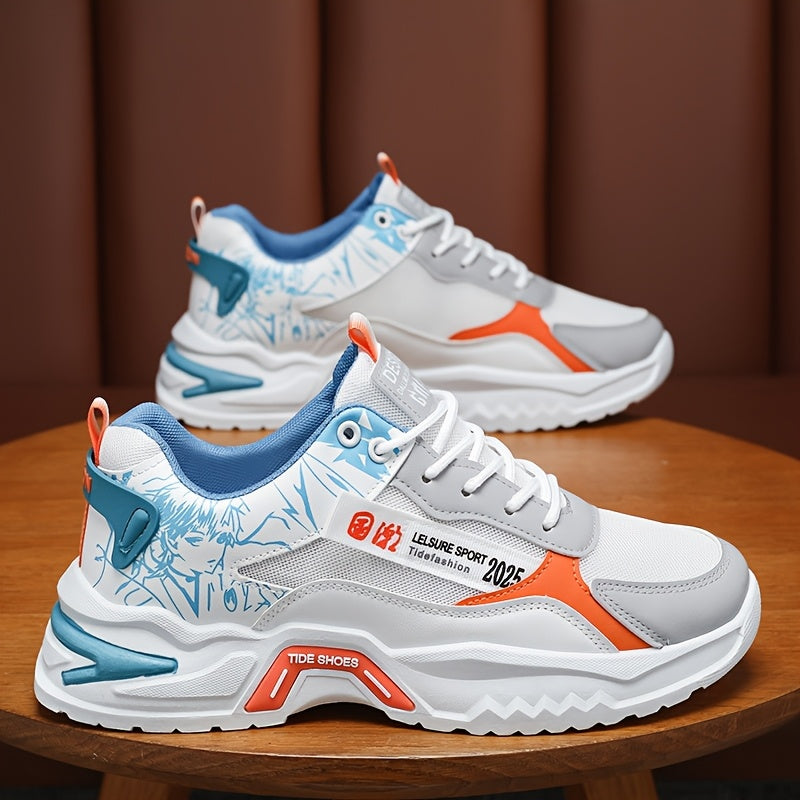 Men's Stylish Platform Sneakers with Wave Pattern - Comfortable, Non-Slip & Durable for Outdoor, Campus Walks & Travel | Lace-Up, Breathable Design, for Autumn, Spring