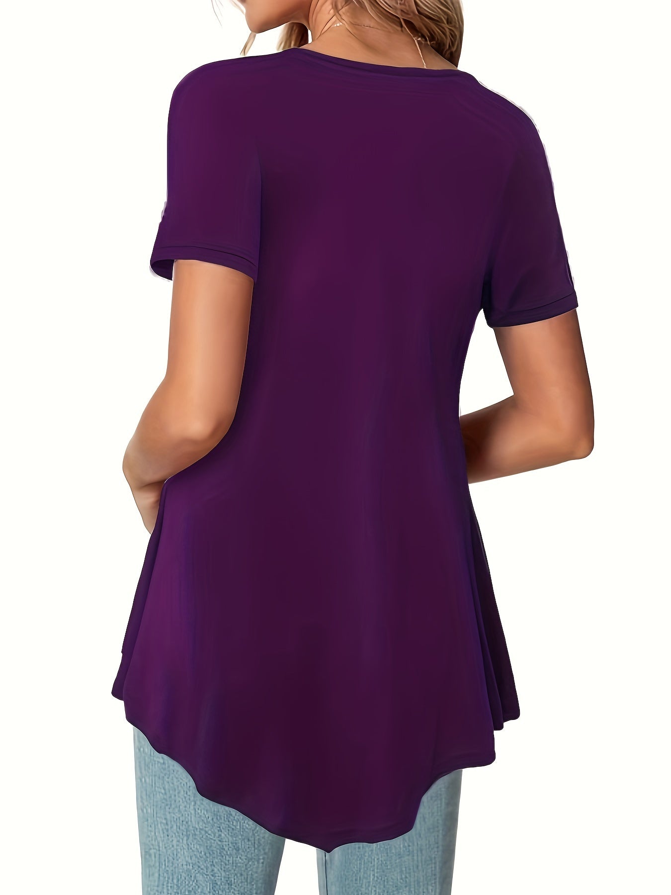 Asymmetrical Hem Crew Neck T-shirt, Short Sleeve Casual Top For Summer & Spring, Women's Clothing