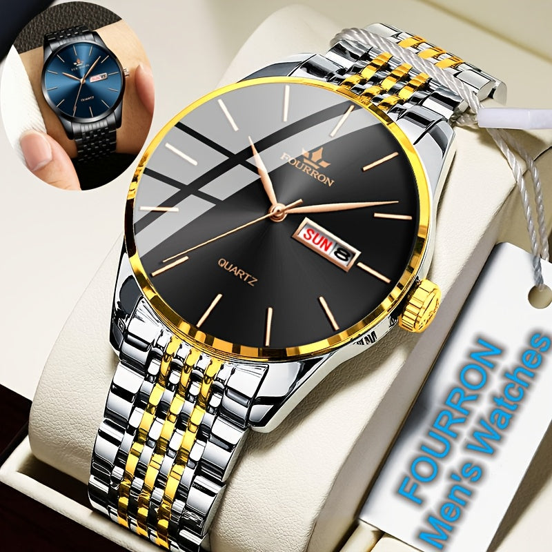 An Ideal Choice For A New FOURRON Brand Men's Luxury Stainless Steel Strap Simple Dial Quartz Watch With Date Calendar, Trendy Fashion Sports Casual Lifestyle Travel Multi-function Watch, Ideal For Friends' Birthdays, Holiday