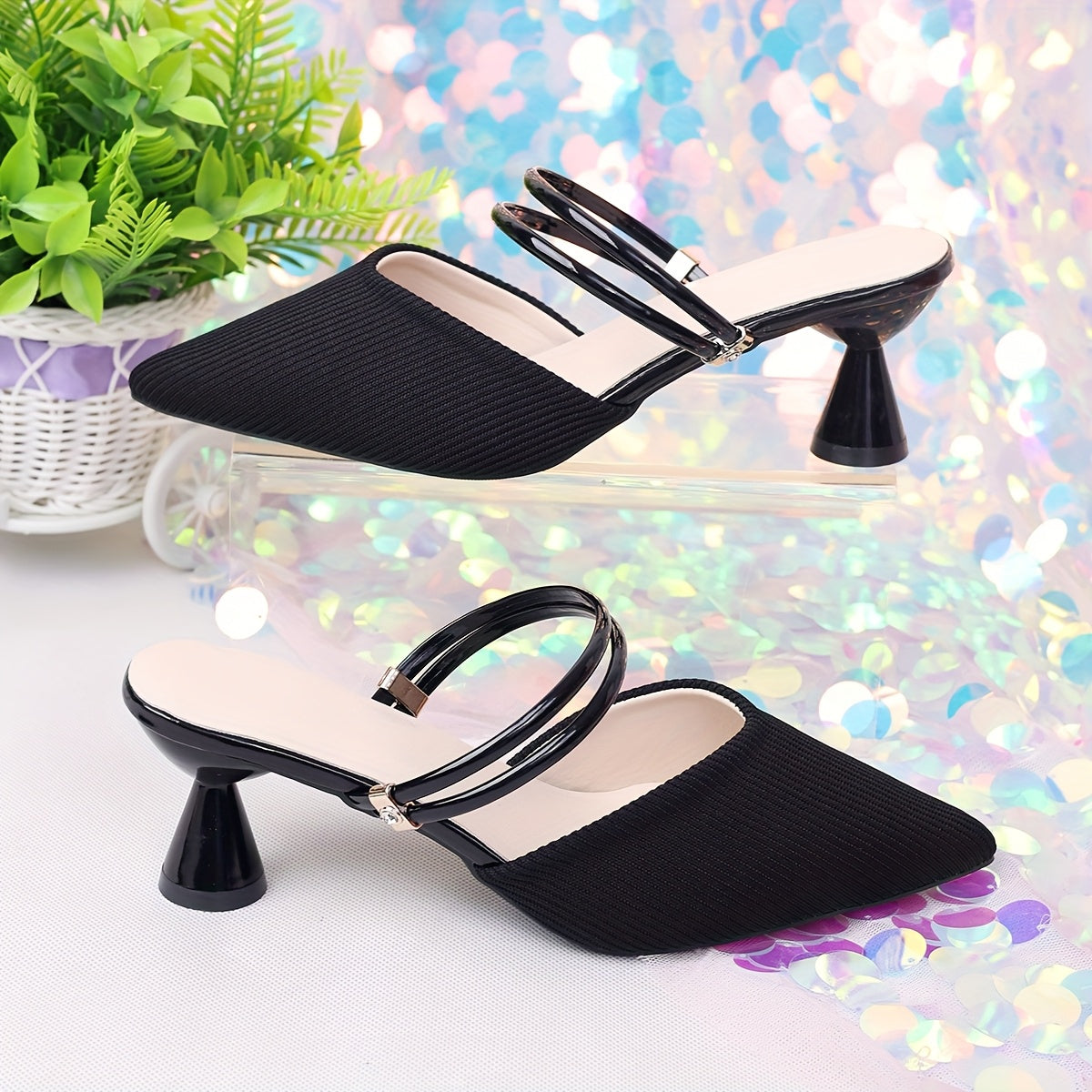 Women'S Elegant Black Pointed-Toe High Heel Sandals with Adjustable Ankle Strap - Slip-On Flared Block Heel, Synthetic Fabric Upper & Rubber Sole, Versatile for Casual or Formal Occasions, Durable Fashionable Party Shoes, Hig