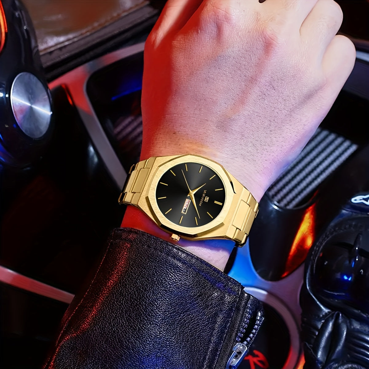 1pc Men'S Luxury Business Style Watch - Blue & Golden Stainless Steel, 42mm, Dual Calendar Quartz Movement, VA VOOM Brand, Outdoor Sports & Leisure Gift, Outdoor Sports Watch | Elegant Watch Design | Quartz Watch Movement, Lu