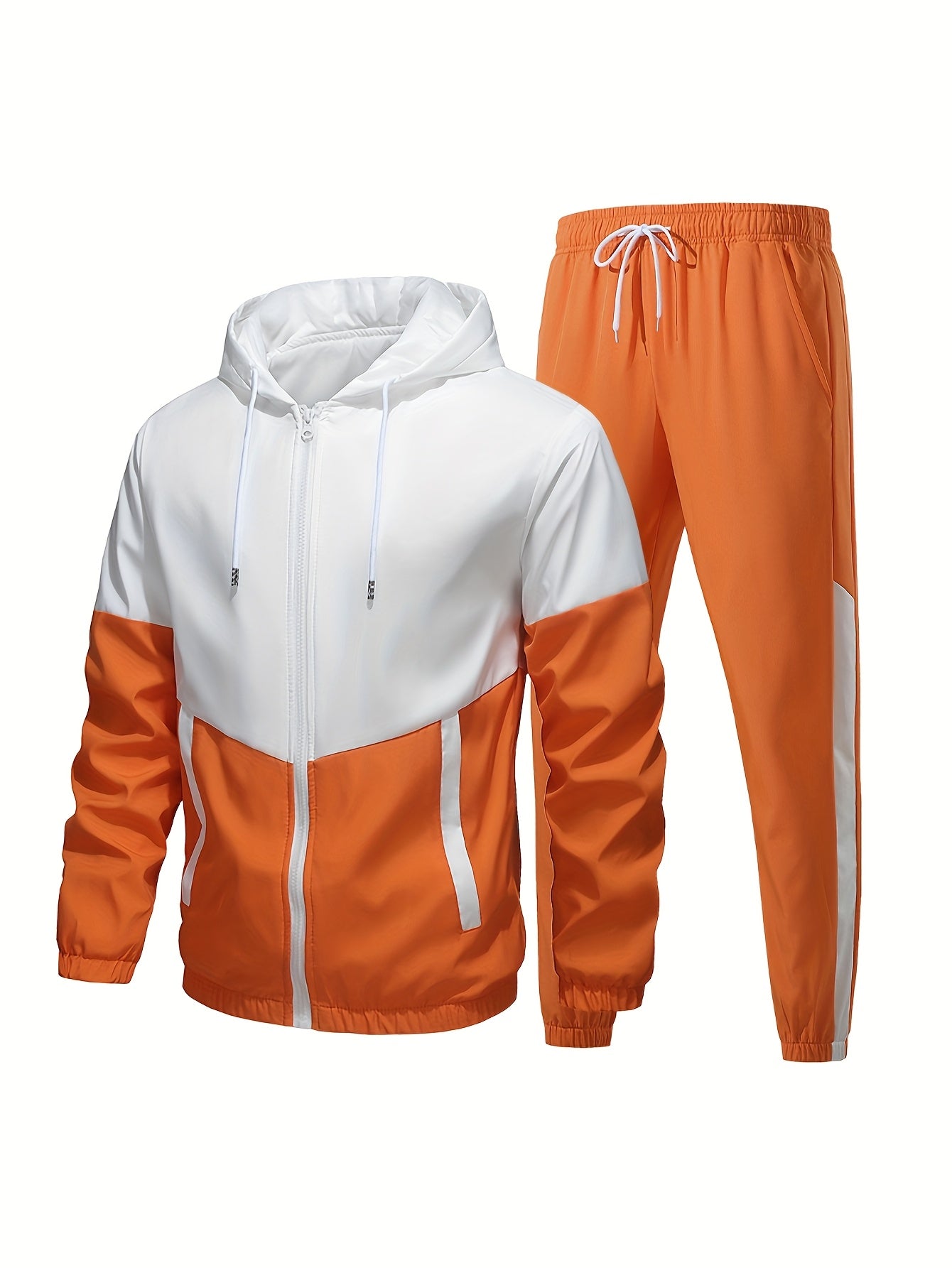 Men's Casual Athletic Hoodie and Pants Set - Color Block Design, Polyester, Machine Washable, Spring/Fall Sportswear, Blue & White Two-Piece Outfit, Everyday Activewear|Modern Athletic Look|Polyester Sportswear