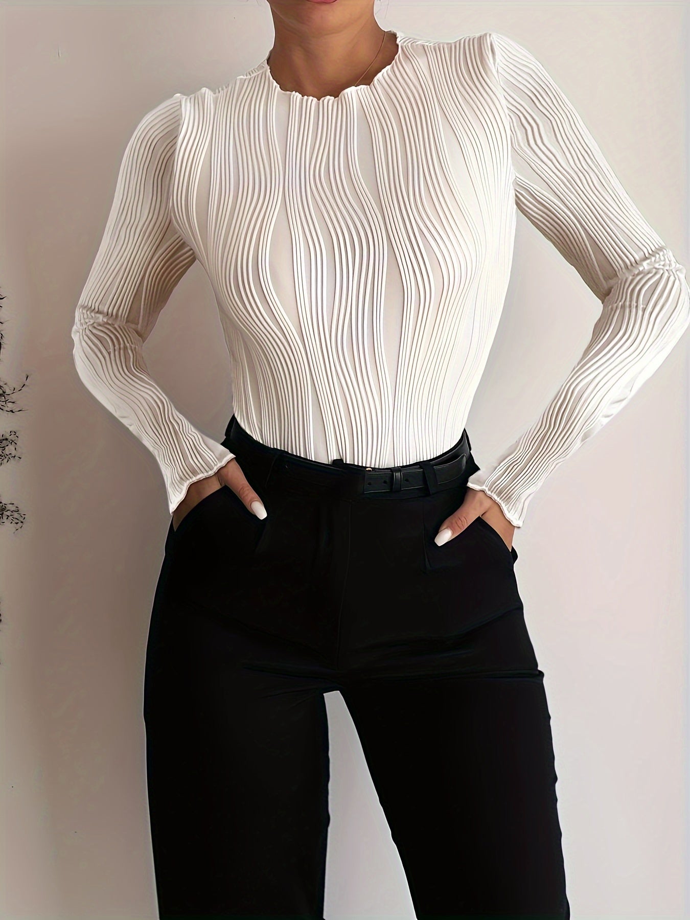 Slim Textured Frill Neck T-Shirt, Elegant Long Sleeve T-Shirt For Spring & Fall, Women's Clothing