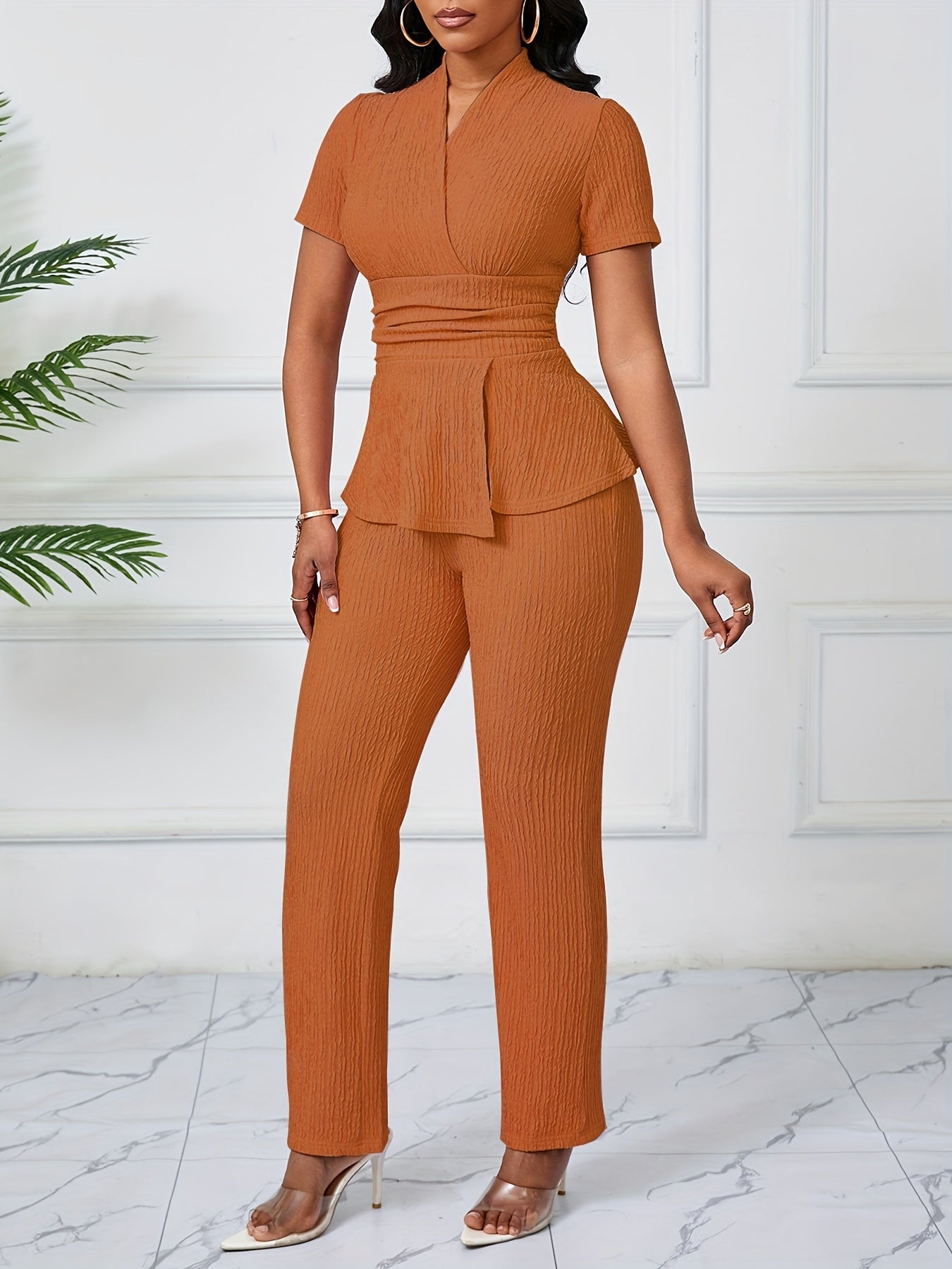 Women's Elegant Casual Solid Color Textured Pants Set
