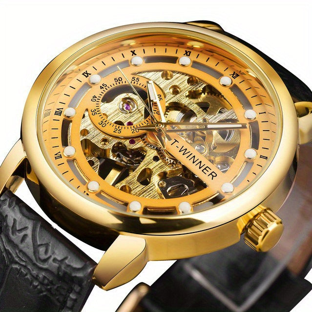 Men'S Luxury Mechanical Skeleton Watch with Golden-Tone Alloy Case & Faux Leather Strap - Mechanical Hand-Wind, World Time, Date Display, Elegant Fashion Accessory for Casual Attire, Mechanical Watch, Sophisticated Design, In