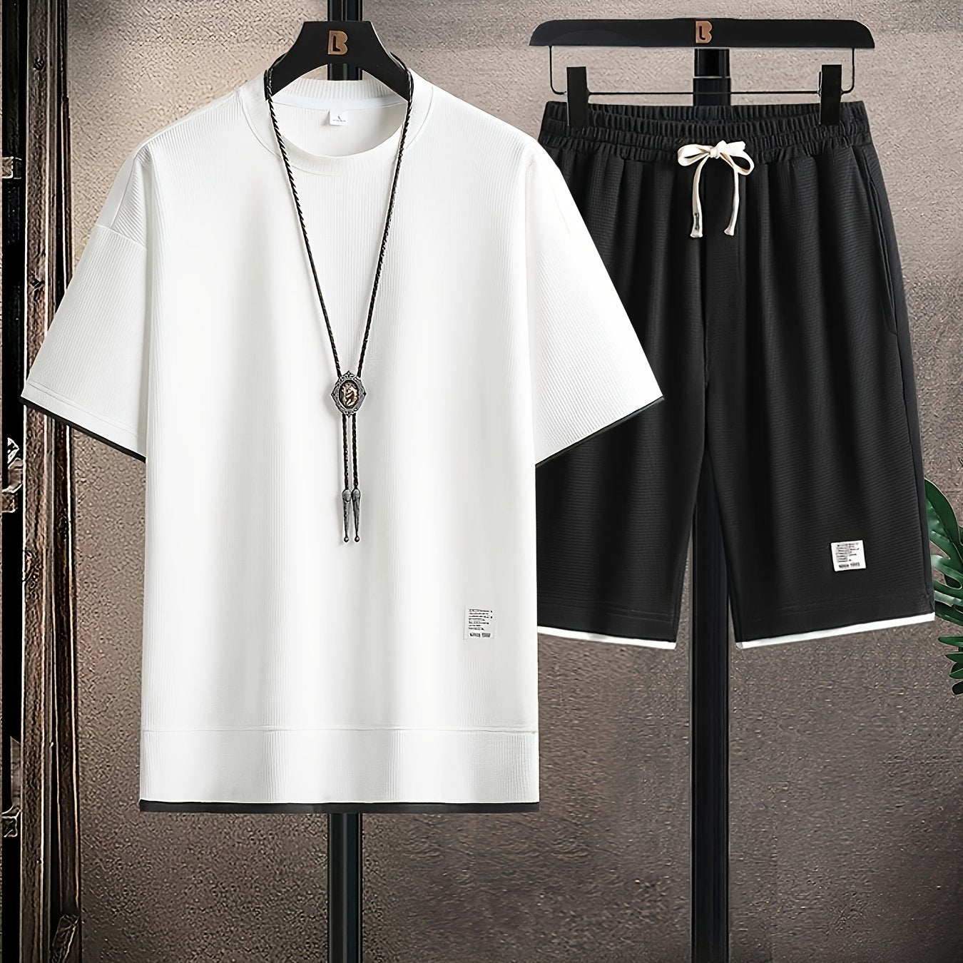 Waffle Grid Men's Trendy Round Neck T-shirt Breathable Casual Sports Suit Loose Two-Piece Set