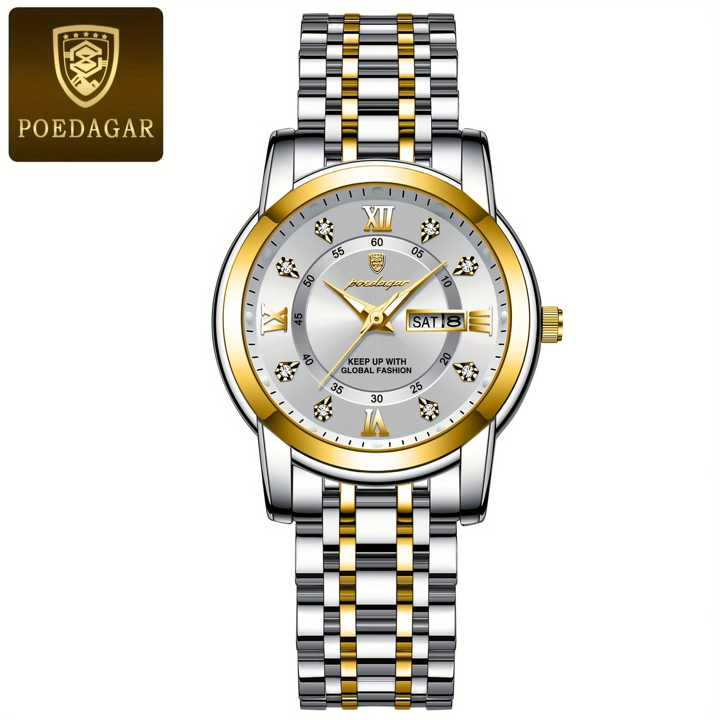POEDAGAR Elegant Stainless Steel Quartz Watch for Women, Luminous Calendar, Round Alloy Case, Trendy Korean Style, Non-Rechargeable Battery, Watch Accessories
