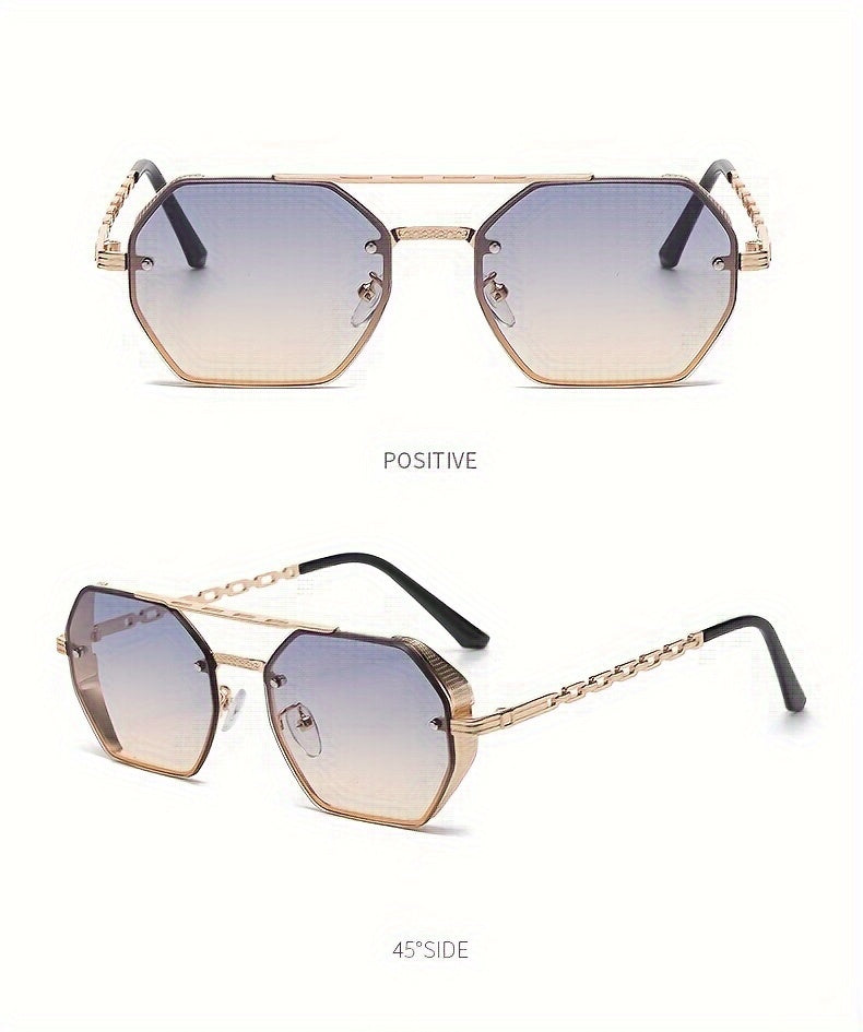 1pc Stylish Polygonal Golden Frame Fashion Glasses with Chain Link Design - Black Metal Fashion Glasses for Fashion-Forward Look