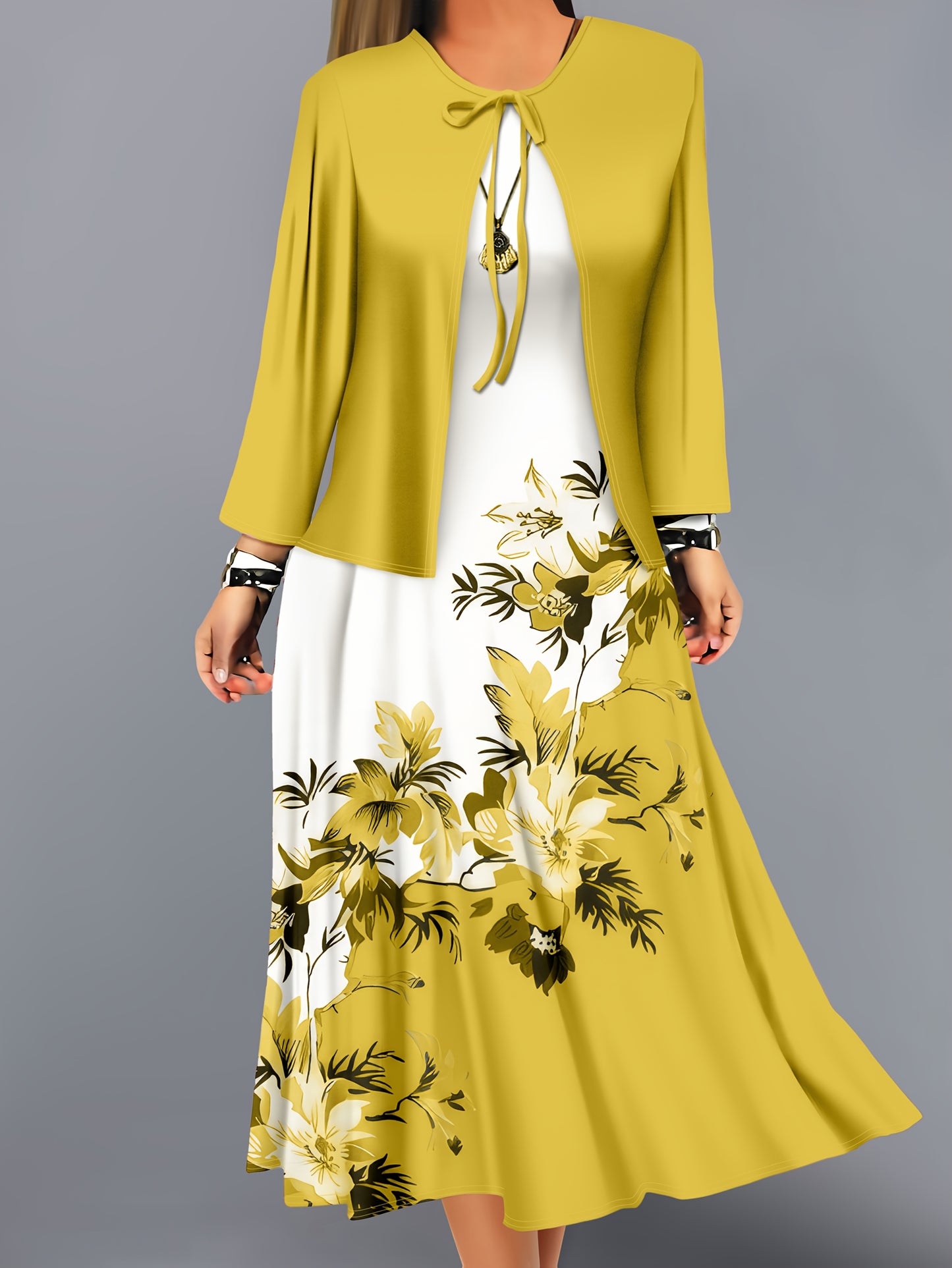 Fashion Women's solid color small cardigan and floral print patchwork dress two-piece set