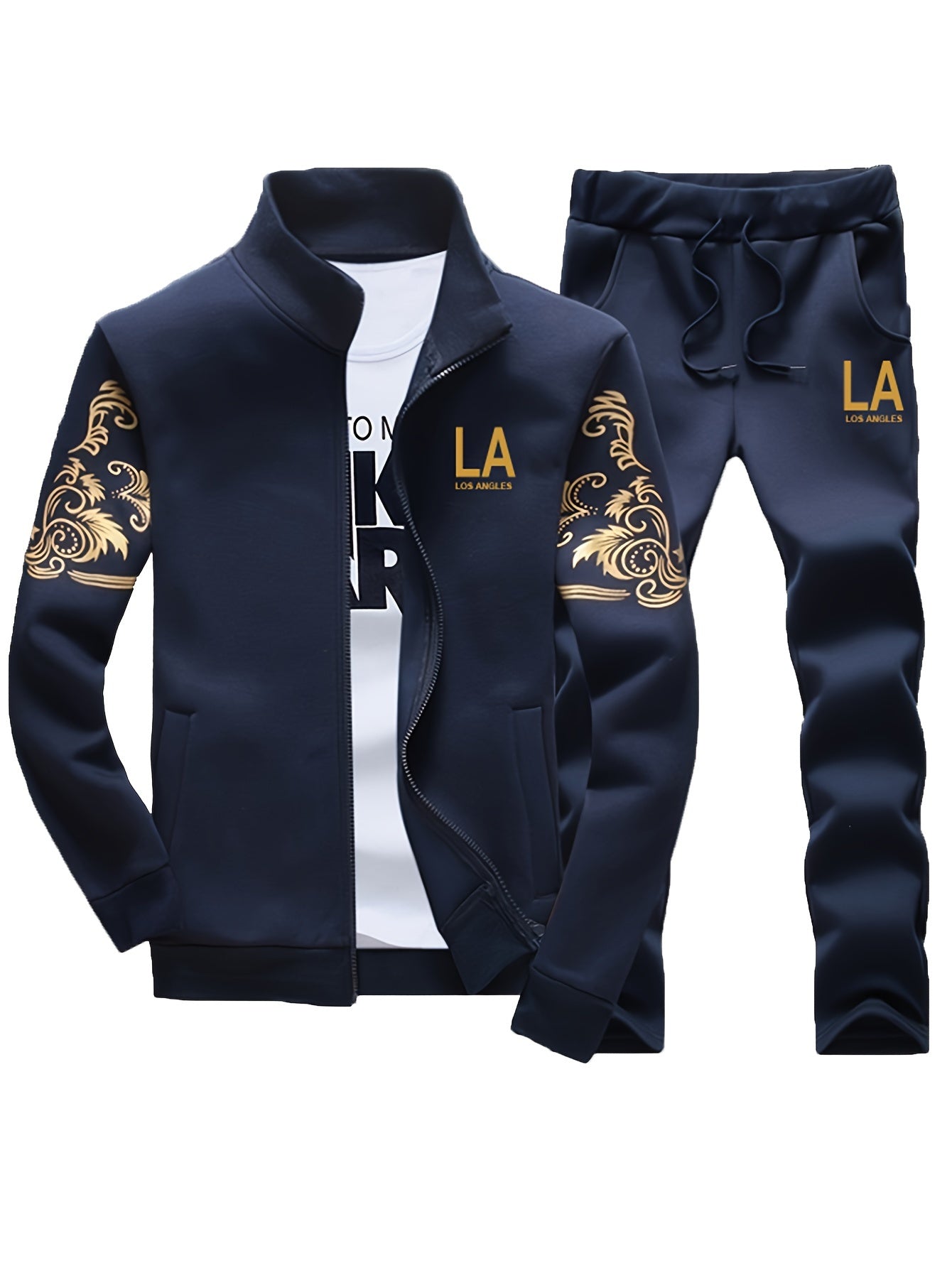 Men's Casual 2-Piece Outfit, Stylish Printed Full Zip Jacket & Drawstring Pants, Casual Sportswear Suit