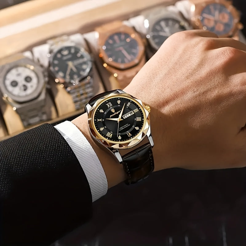 POEDAGAR Men's Casual Fashion Quartz Watch, Water-Resistant 3ATM, Round Alloy Case, Luminous Hands, Calendar Feature, Battery Powered with Electronic Drive, Faux Leather Strap