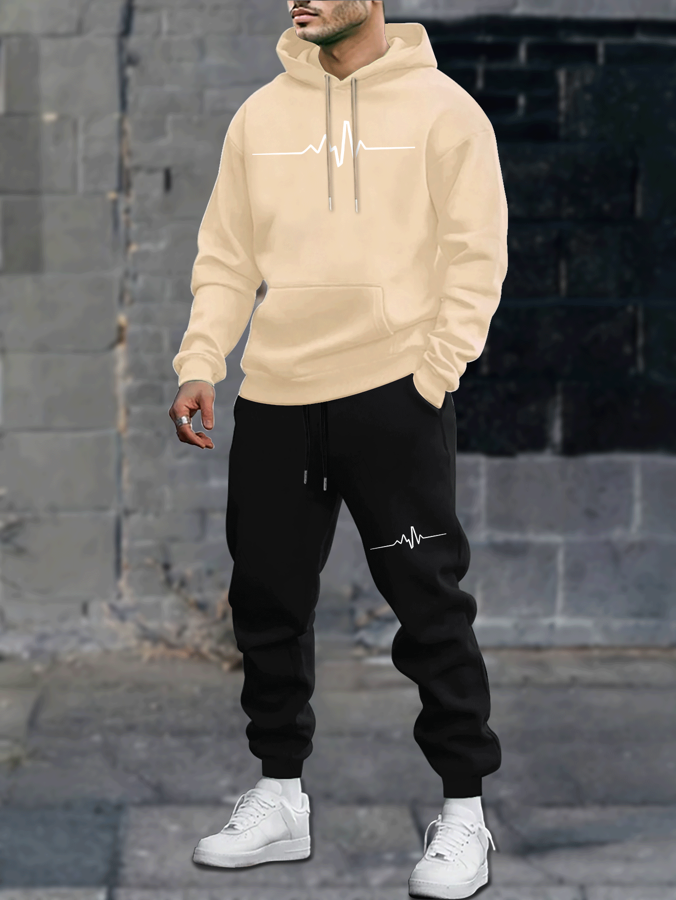 1set Men'S Casual Geometric Heartbeat Pattern Hoodie and Sweatpants Set, Polyester and Spandex Blend, Loose Fit, Hooded Pullover for Autumn/Winter