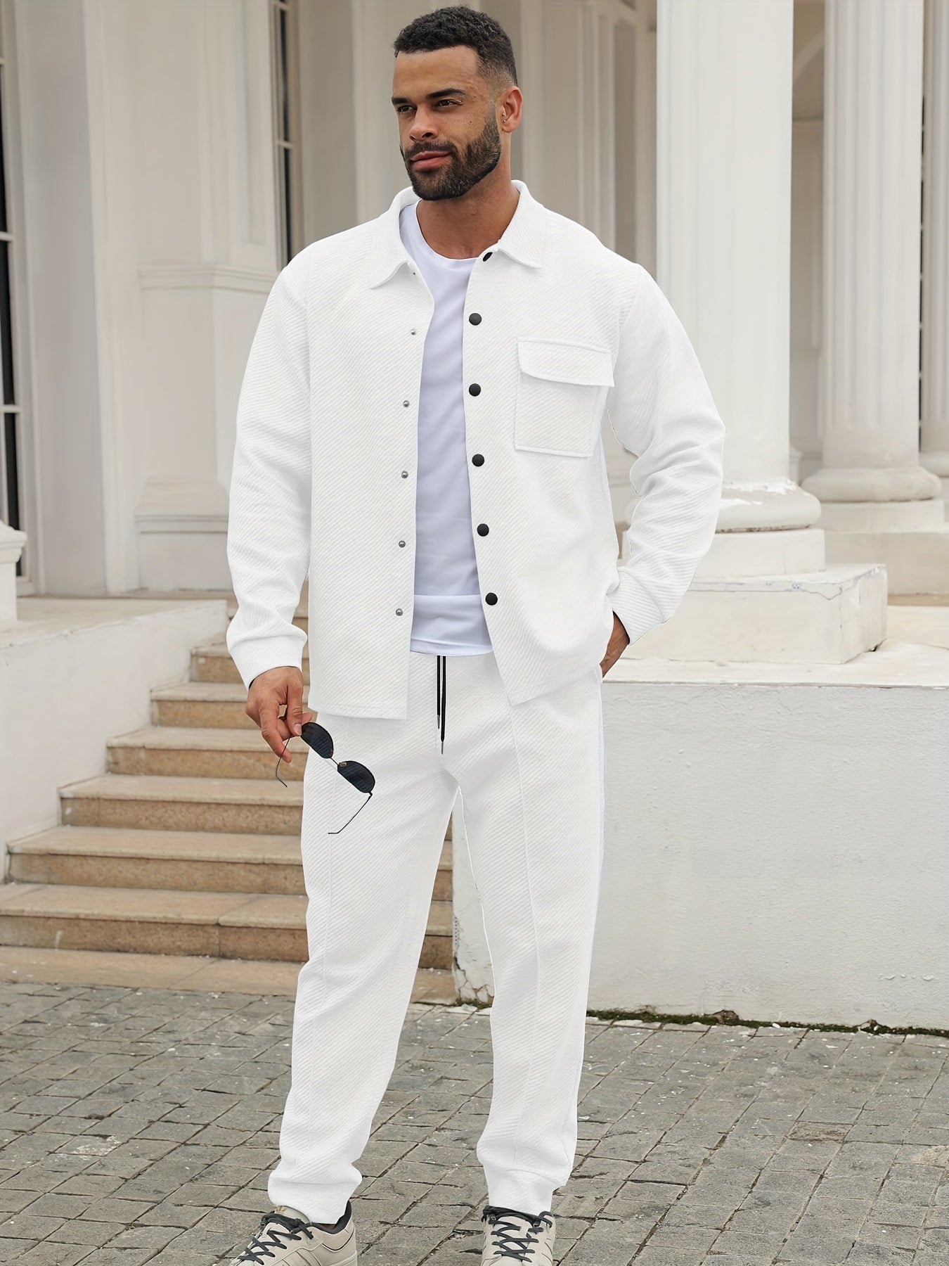 Men's Casual Sportswear Set - Long Sleeve Button-Up Shirt & Joggers, Stretch Fabric, Spring/Fall Collection