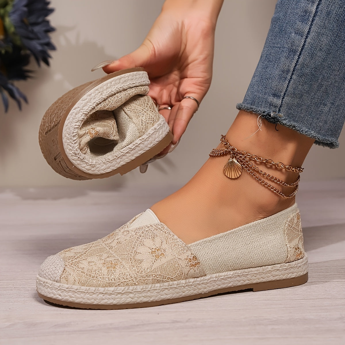 Women's Breathable Slip-On Loafers - Soft Sole Casual Walking Shoes, Lightweight & Comfortable, Beige Floral Pattern Fabric Upper, PU Cover Sole, Perfect for Casual Attire, Allseason Loafers | Slipon Comfort | Soft Sole Shoes