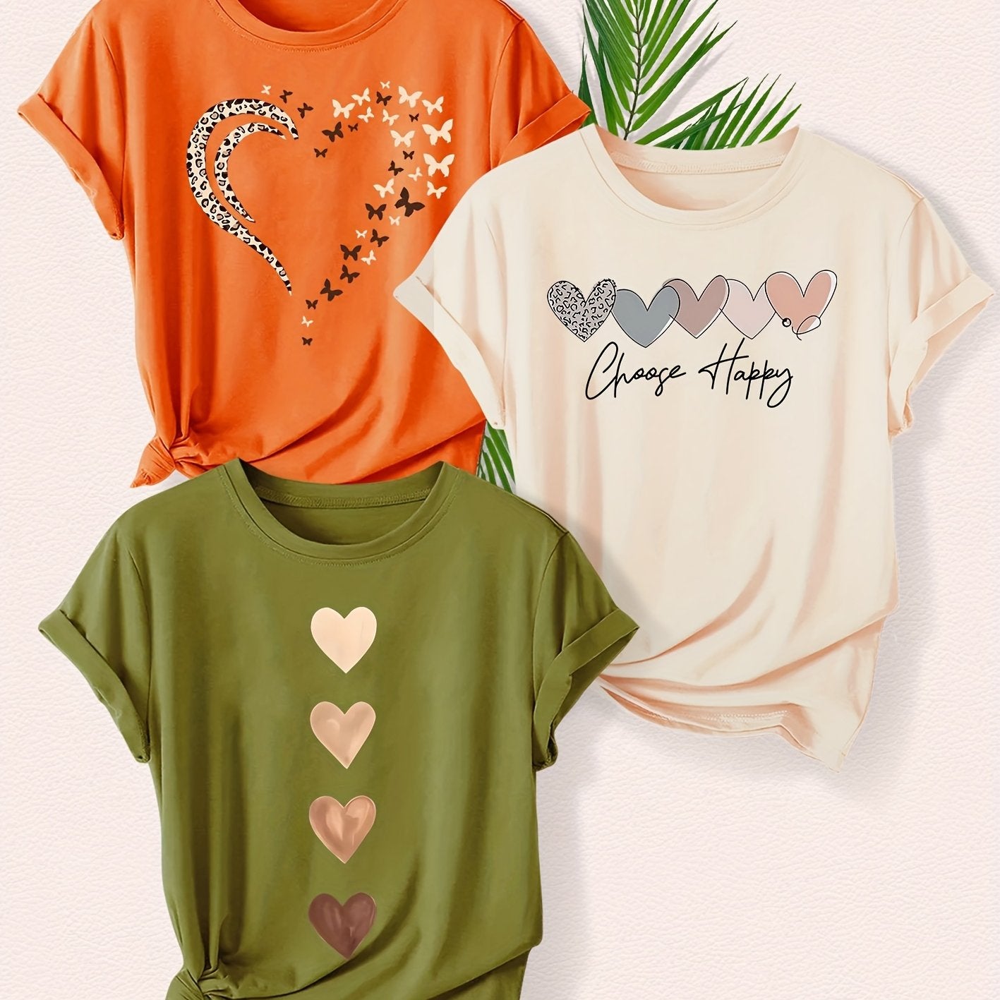 Leopard Print Small Butterfly Love Hearts in Pairs with English Letter Pattern Printed Fashion Retro Style Women's Spring, Autumn and Winter Casual Sports Top Round Neck Short Sleeve T-shirt 3pcs Combination Pack Family Pack