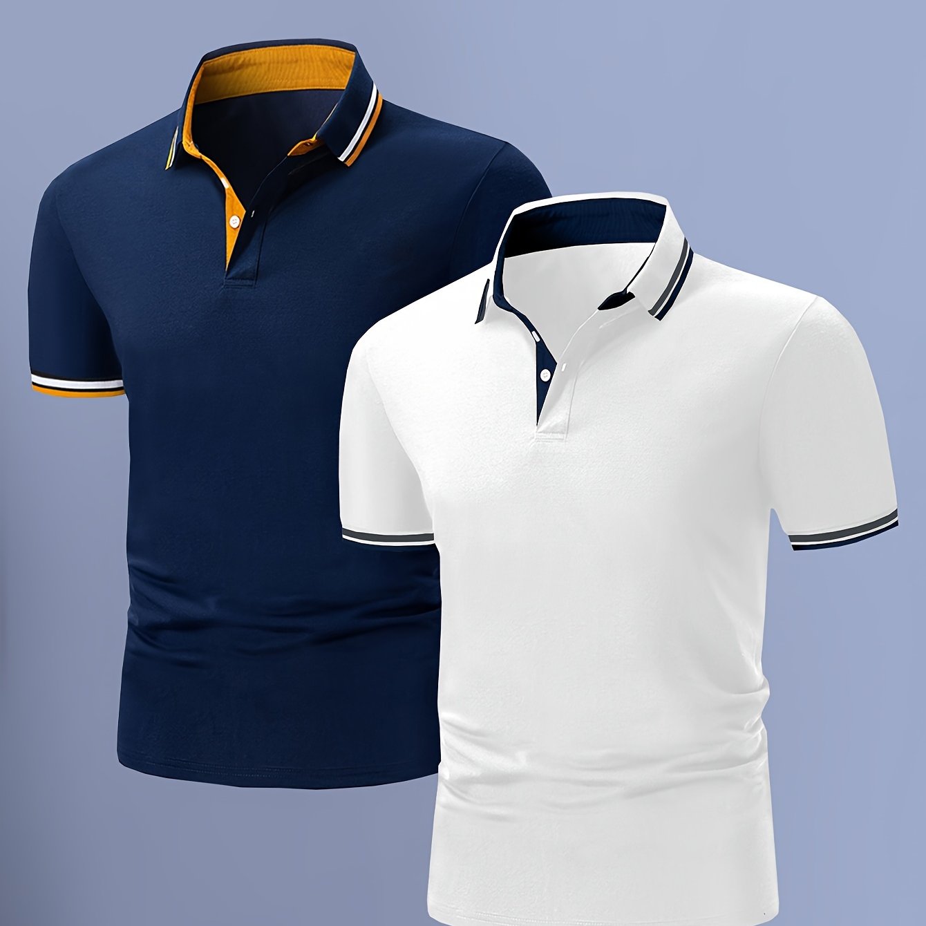 2pcs Men's Short-Sleeve Shirts with Contrast Collars - Lightweight Polyester, Pastel Blue & Pink, Turn- Collar, Button Closure, Regular Fit, Casual & Business-Casual Wear, Ideal for Summer or Gifting, Short Sleeve Tops