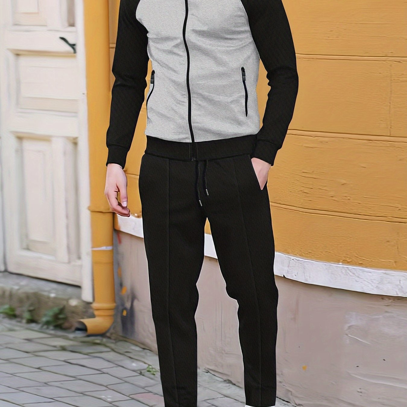 Men's Sporty Color Block Zip-Up Jacket & Joggers Set - Polyester Blend, Perfect for Spring/Fall