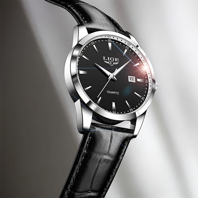 A Stylish Timepiece By LIGE Featuring A Blend Of Business And Casual Design, With A Faux Leather Strap, Alloy Case, And A Non-rechargeable Battery.
