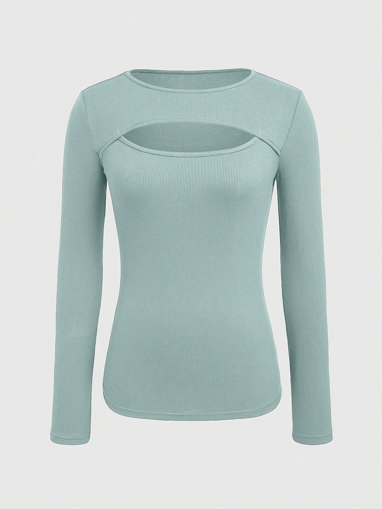 1pc Essence Women'S Elegant Ribbed Long Sleeve T-Shirt, Polyester and Spandex Blend, Hollow-Out Detail, Solid Color, Crew Neck, Regular Length, Knitted Fabric - Autumn/Winter Collection
