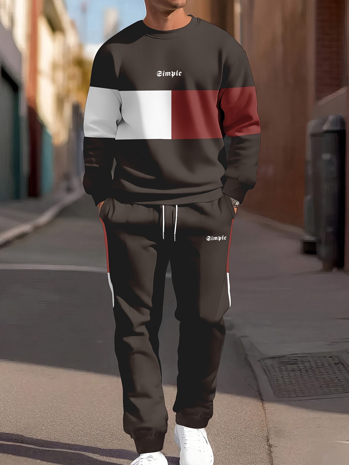 Men's Casual Crew Neck Sweatshirt & Joggers Set - Color Block, Polyester Blend, Machine Washable - Perfect for Spring/Fall, Leisure Style, Conventional Version, Spring/Autumn