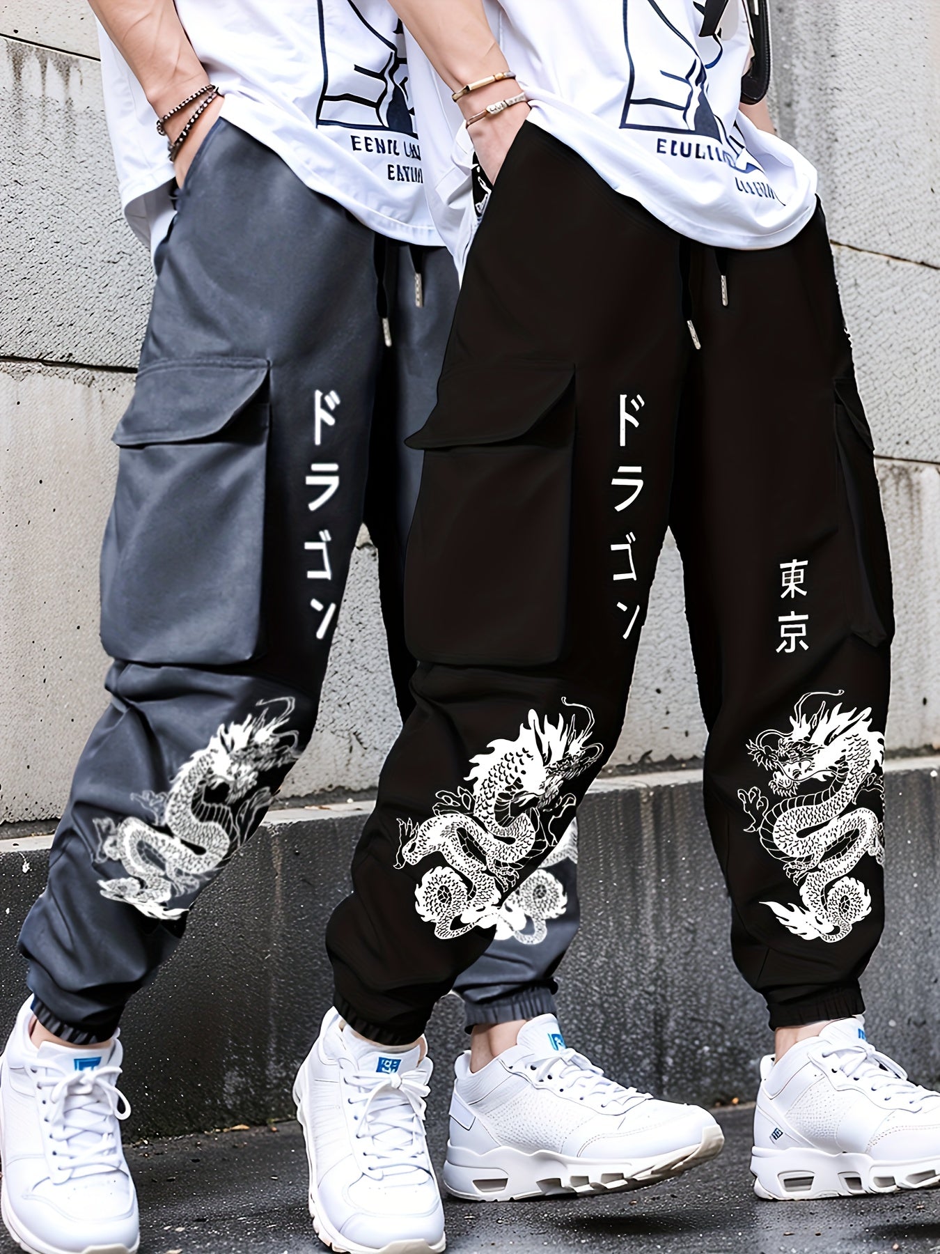2pcs set Men's casual large pocket overalls elastic waist drawstring printed flower pants for spring and autumn season, for Autumn, Spring
