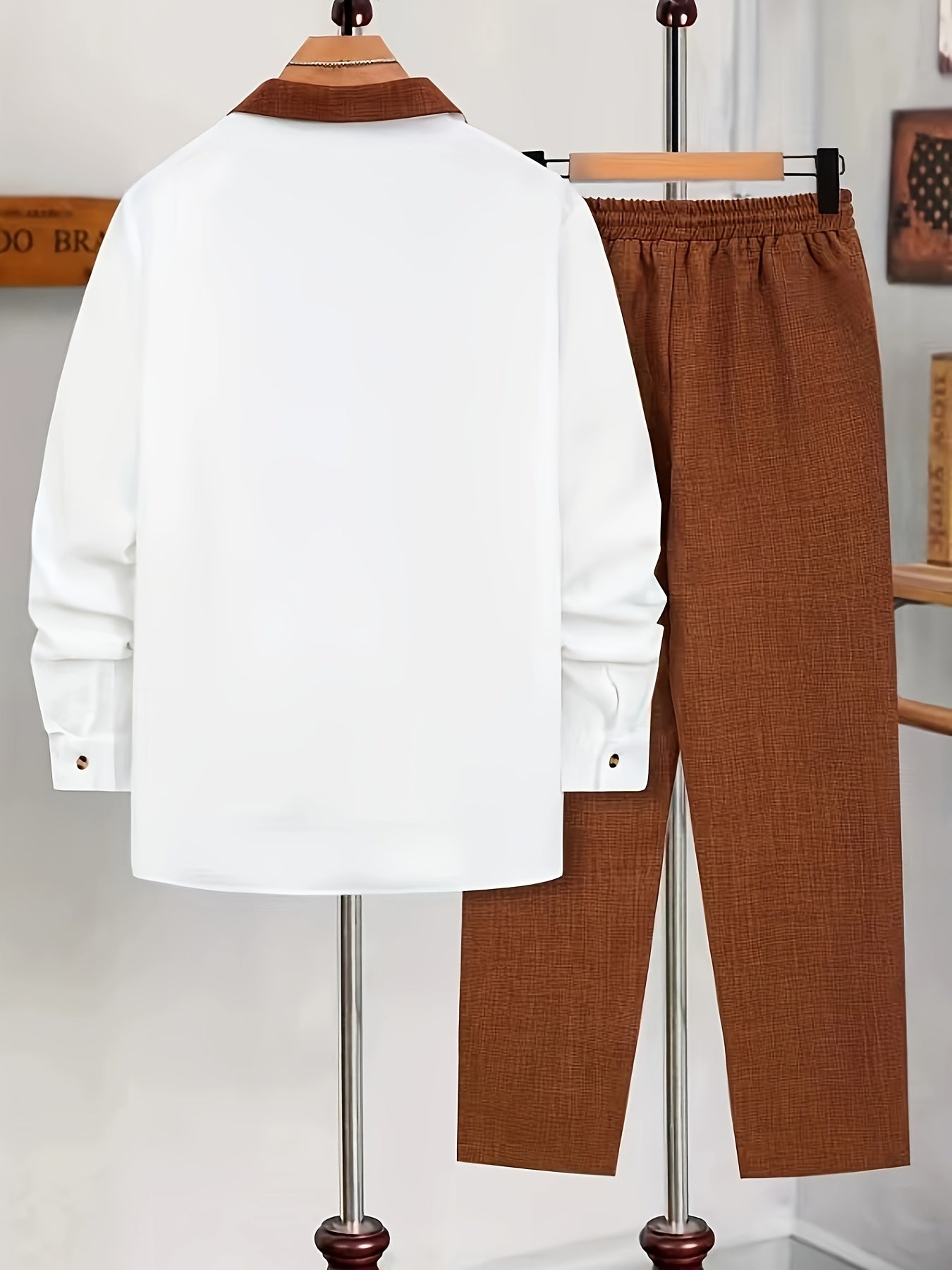 New Autumn And Winter Two-Piece Set Featuring a Color-Blocked Long-Sleeve Shirt with a Suit Collar And Straight-Leg Casual Trousers.