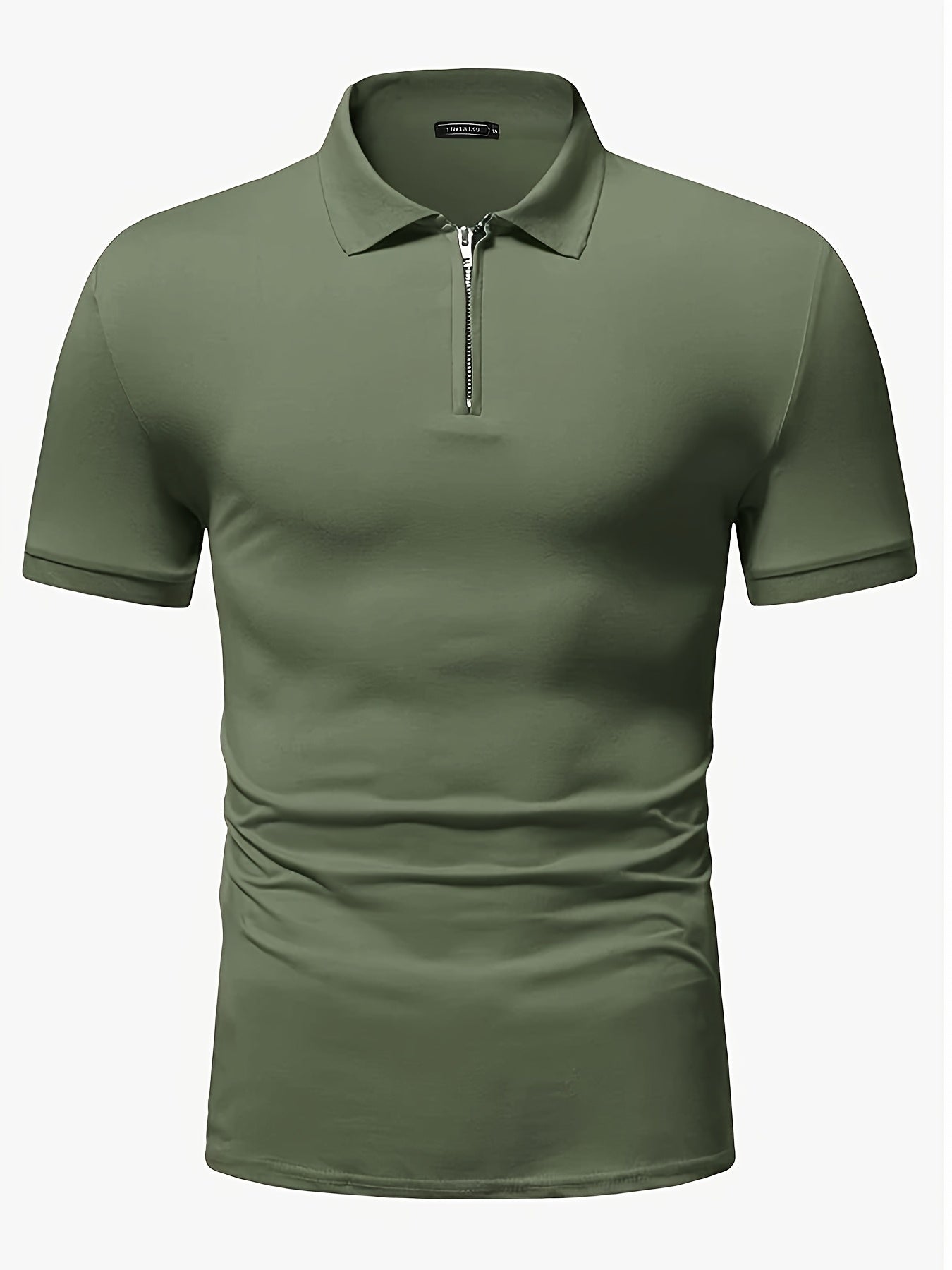 Casual Stretch Men's Solid Color Zipper Lapel Golf Shirt, Male Summer Streetwear
