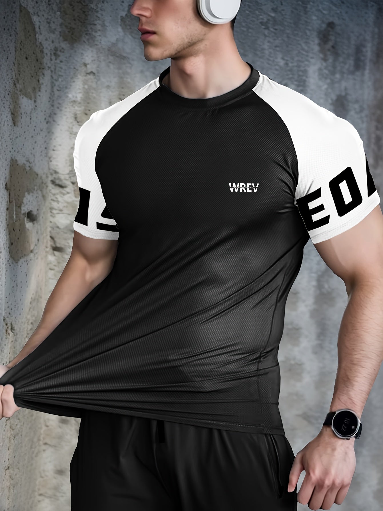 Men's Quick-Dry Breathable Mesh Sports T-Shirt - Summer Gym Workout Top with Contrast Black & White Sleeves & for Man Letter Print, Slim Fit for Running Training Casual Wear, Breathable Running Gear | Sporty Casual Tee | Mesh