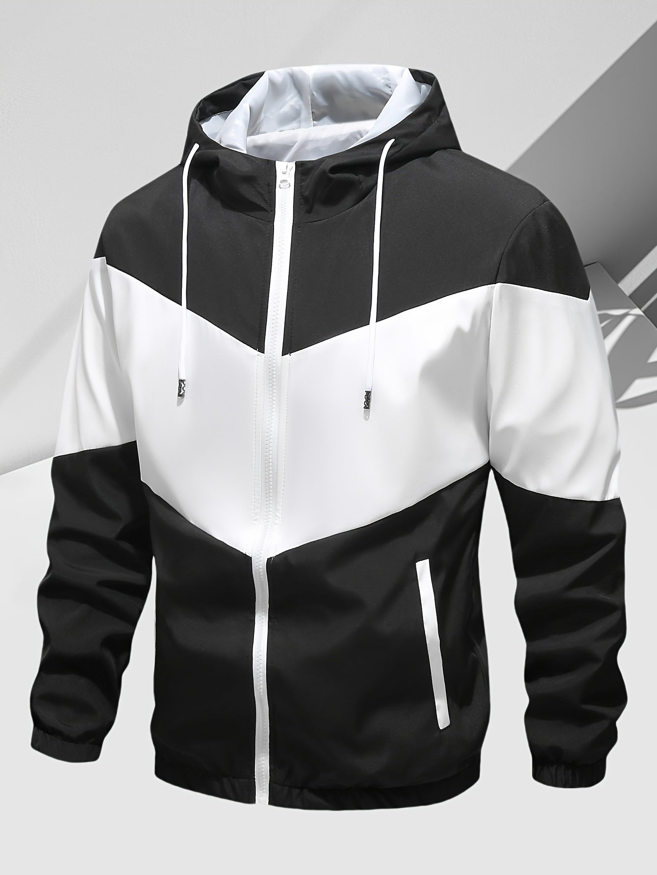 Men's Casual 2-Piece Outfit, Stylish Color Block Zip Up Hooded Jacket, Breathable Solid Color Drawstring Pants
