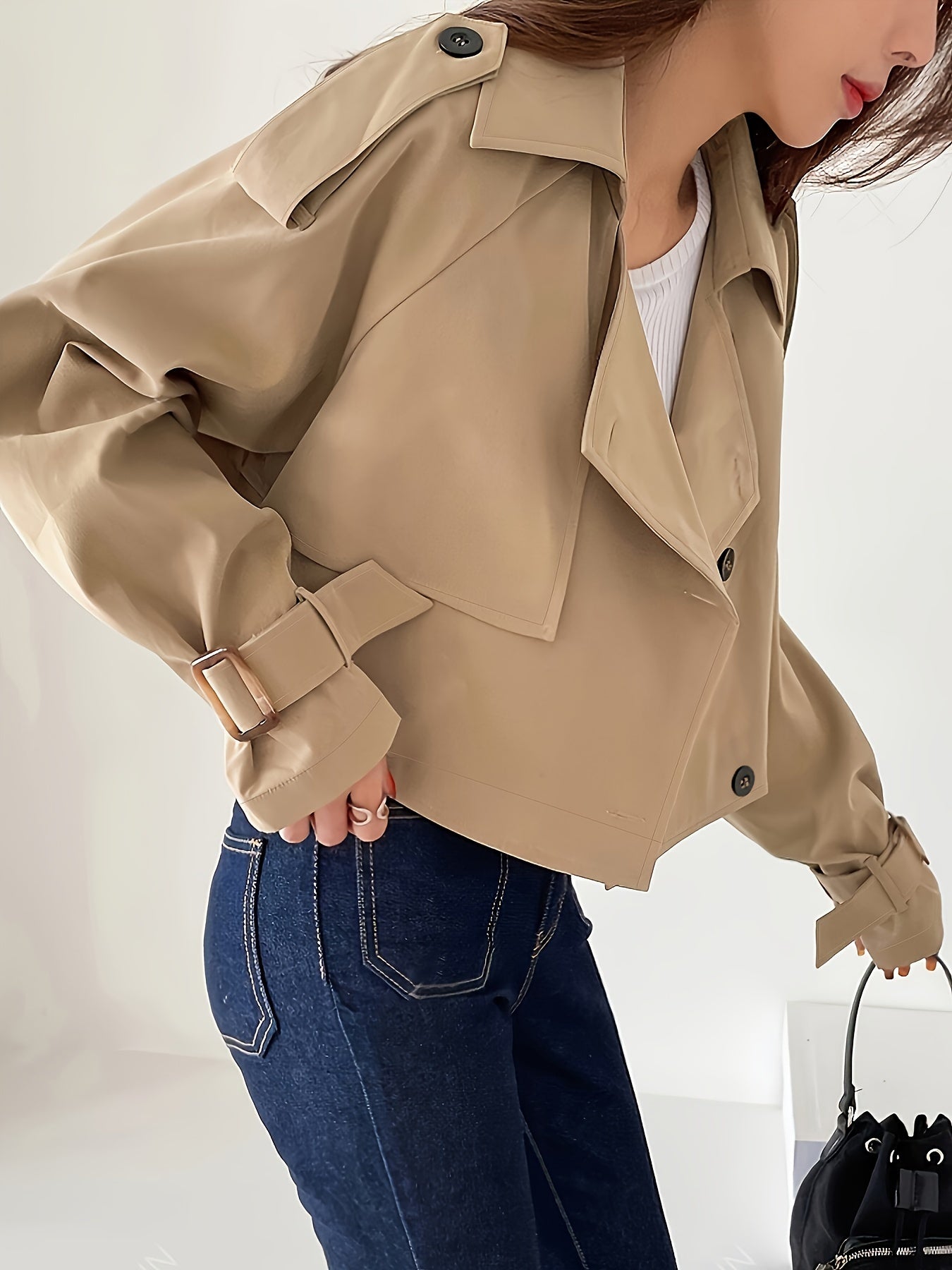 Buckle Cuff Lapel Neck Trench Coat, Stylish Solid Color Crop Long Sleeve Coat For Spring & Fall, Women's Clothing