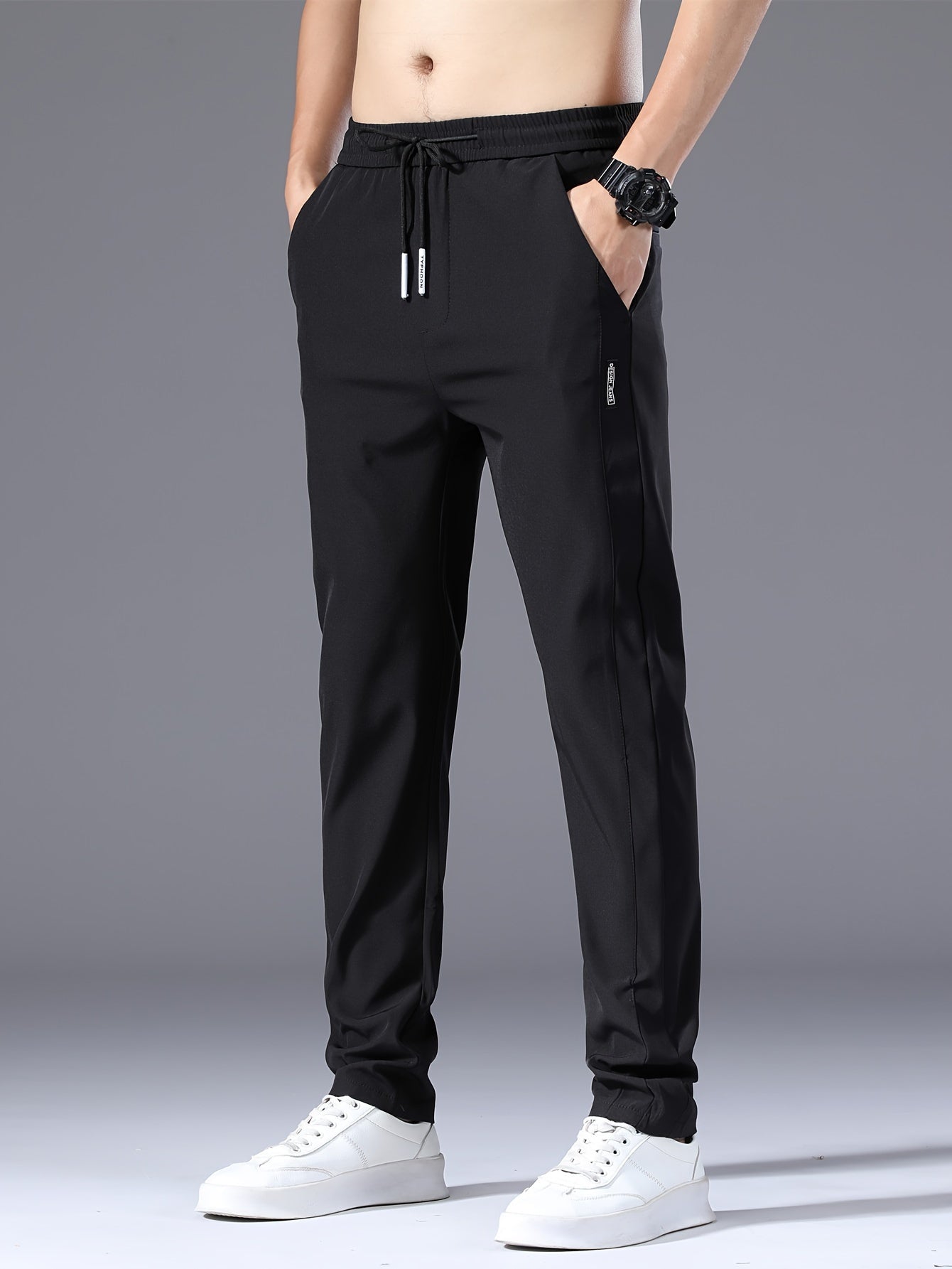 Men's Summer Casual Pants - Lightweight Stretch Nylon, Elastic Drawstring Waist, Straight Fit, Solid Black Trousers for Casual Attire, Adjustable Comfort Pants|Relaxed Look|Glossy Finish