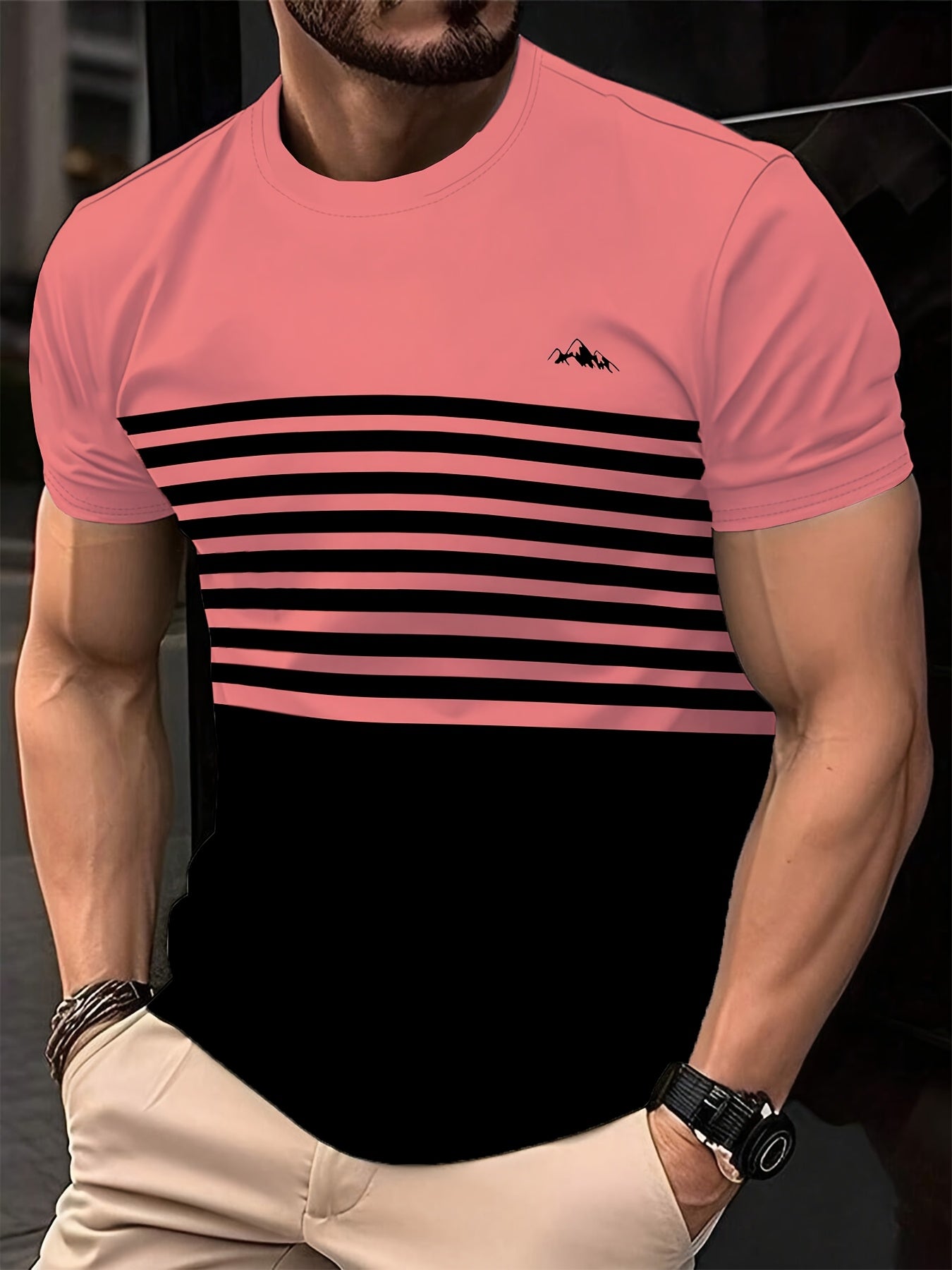 Stylish Men'S Top, a Short-Sleeve T-Shirt with Vibrant 3D Print Striped Patchwork And a Round Neck, Perfect for Summer Street Fashion And Casual Sports.