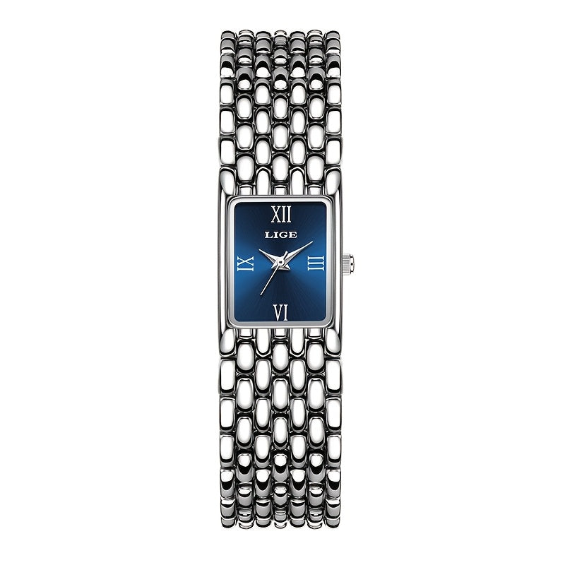 LIGE Women'S Luxury Quartz Watch - Stainless Steel Band, Blue Dial with Roman Numerals, Elegant Fashion Timepiece for Casual or Sporty Wear, Elegant Timepiece | Sleek Watch Design | Alloy Watch Case
