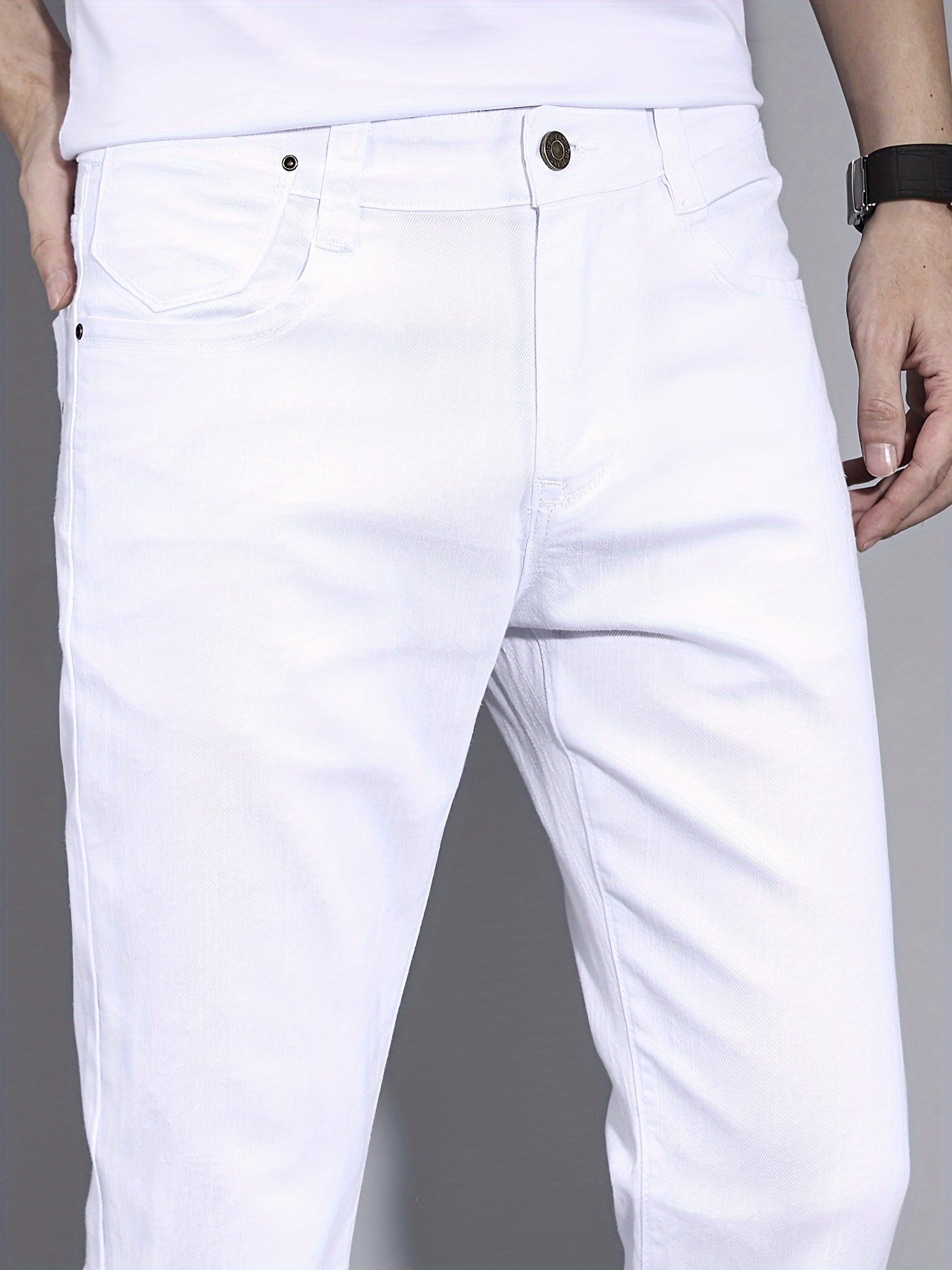 Men's Solid Washed Denim Trousers With Pockets, Causal Cotton Blend Jeans For Outdoor Activities