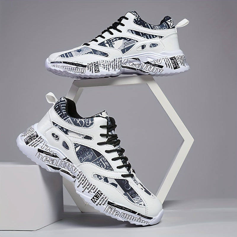 Men'S & Women'S Graffiti Couple Sneakers, All-Season Lightweight Cushioned Running Shoes, Stability Pronation, Cartoon Pattern, MD Sole, EVA Insole, Polyurethane Upper, Fabric Lining
