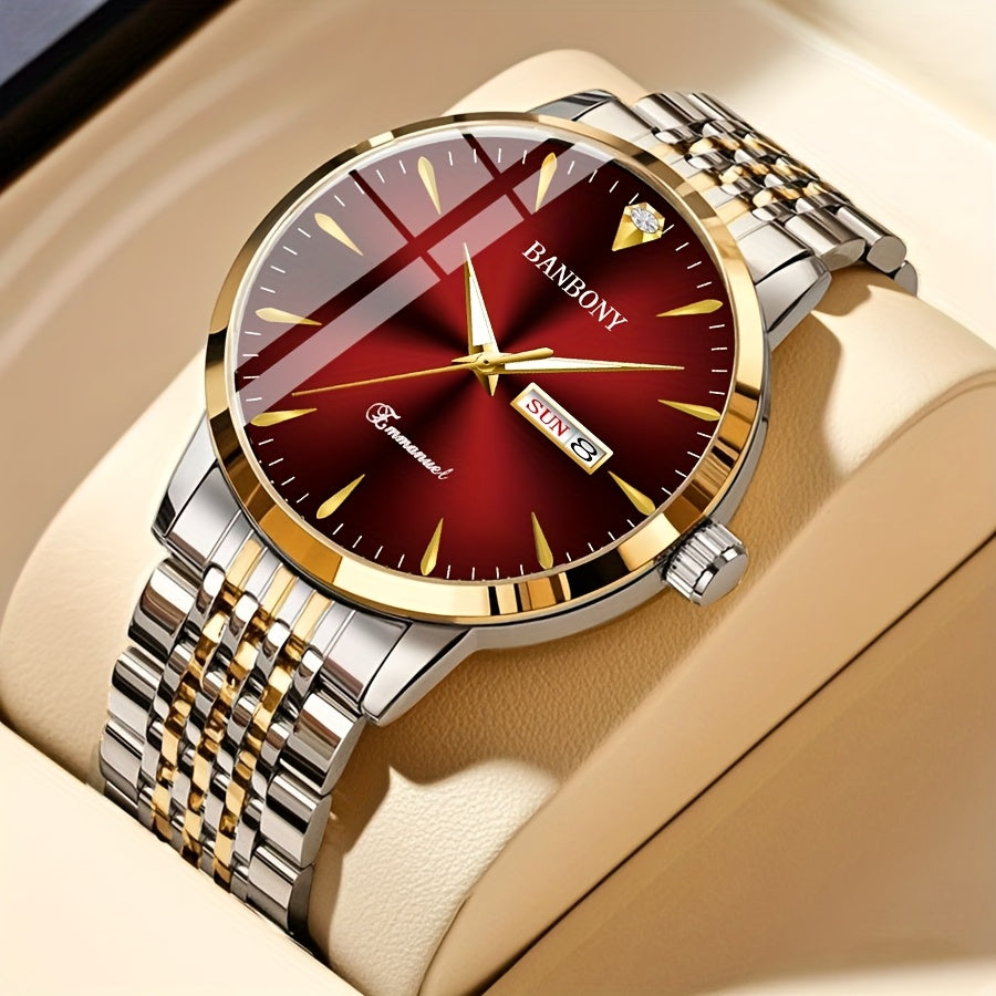 Banbony Unisex Stainless Steel Quartz Watch with Rhinestone Accents, Water-Resistant IPX7, Sleek HD Dial, Date Display, Golden-Tone Finish - Ideal for Casual Wear, Parties, and Gifts