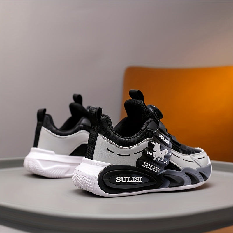 Kid's Trendy Colour Block Sneakers with Rotating Buckle, Comfy Non Slip Durable Shoes for Boy's & Girl's Outdoor Activities