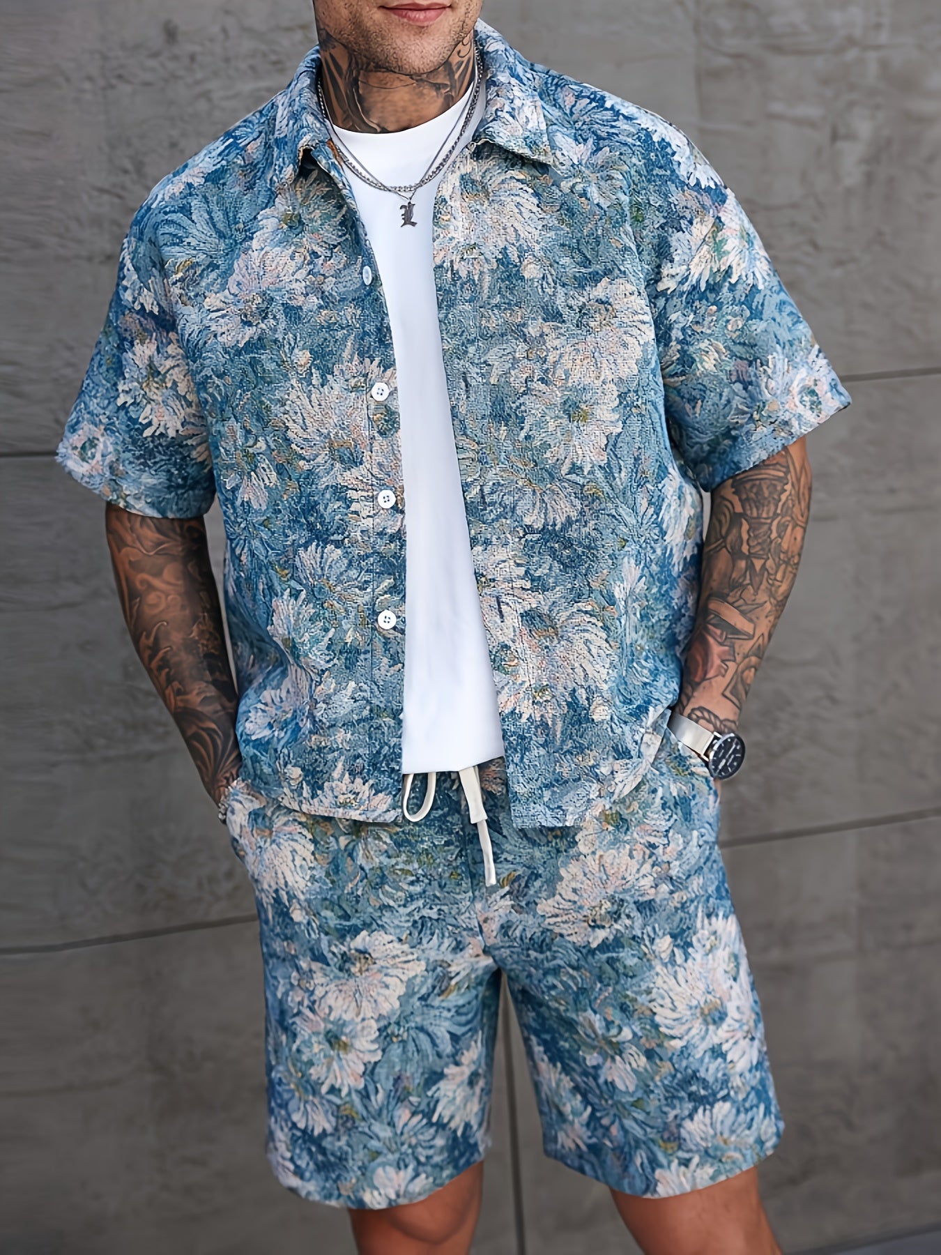 Men'S Summer Casual Short Sleeve Shirt & Shorts Set - Tropical Print, Loose Fit, Button-Up with Collar, Lightweight Polyester Fabric for Outdoor & Leisure Activities, Summer Casual Wear | Tropical Print Shirt | Lightweight Fa
